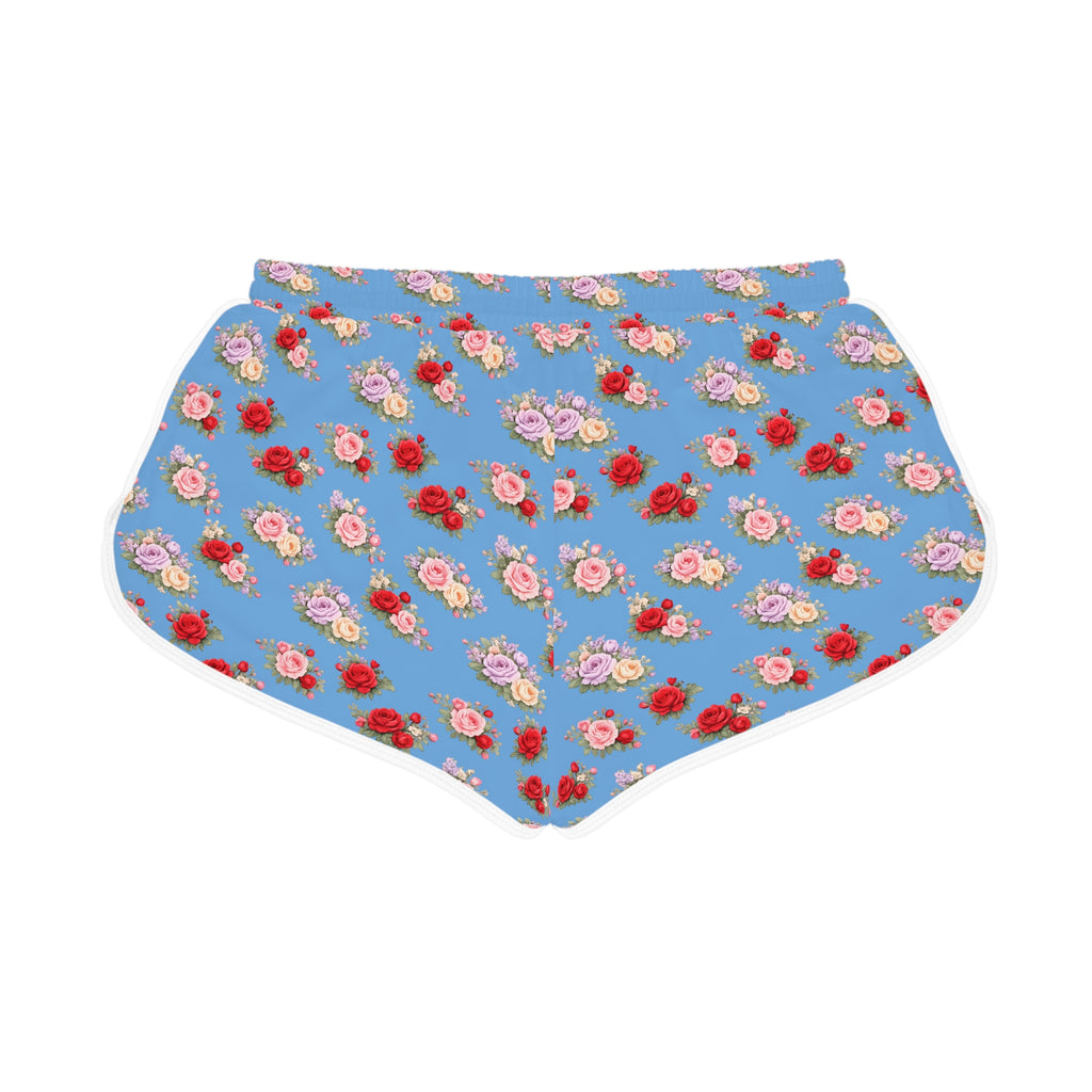 Anthos Collection Light Blue Floral Stretch Women's Relaxed Shorts — Vintage Pink & Red Rose All-Over Print