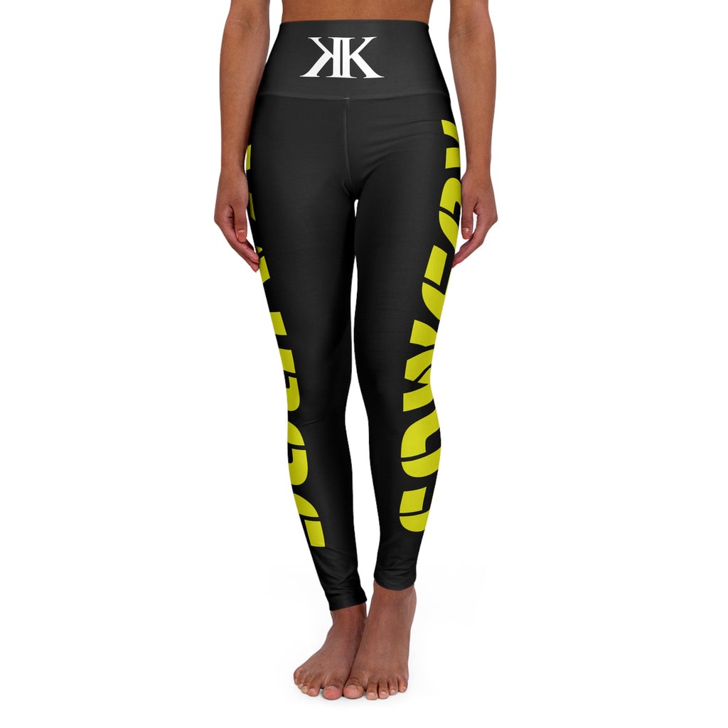 High-Waisted BLACK Yoga Leggings — Bold Yellow Side Script, Logo Waistband