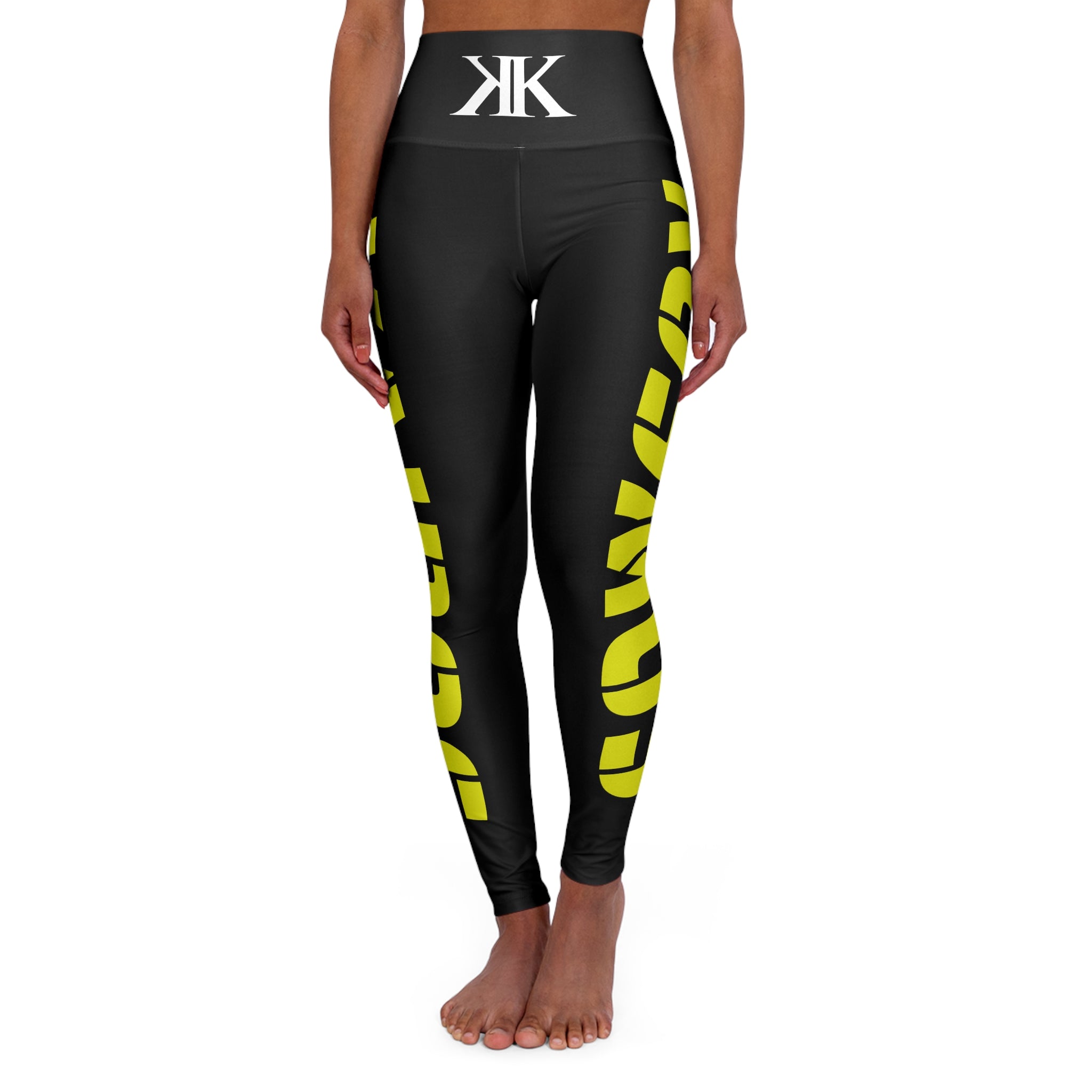 High-Waisted BLACK Yoga Leggings — Bold Yellow Side Script, Logo Waistband