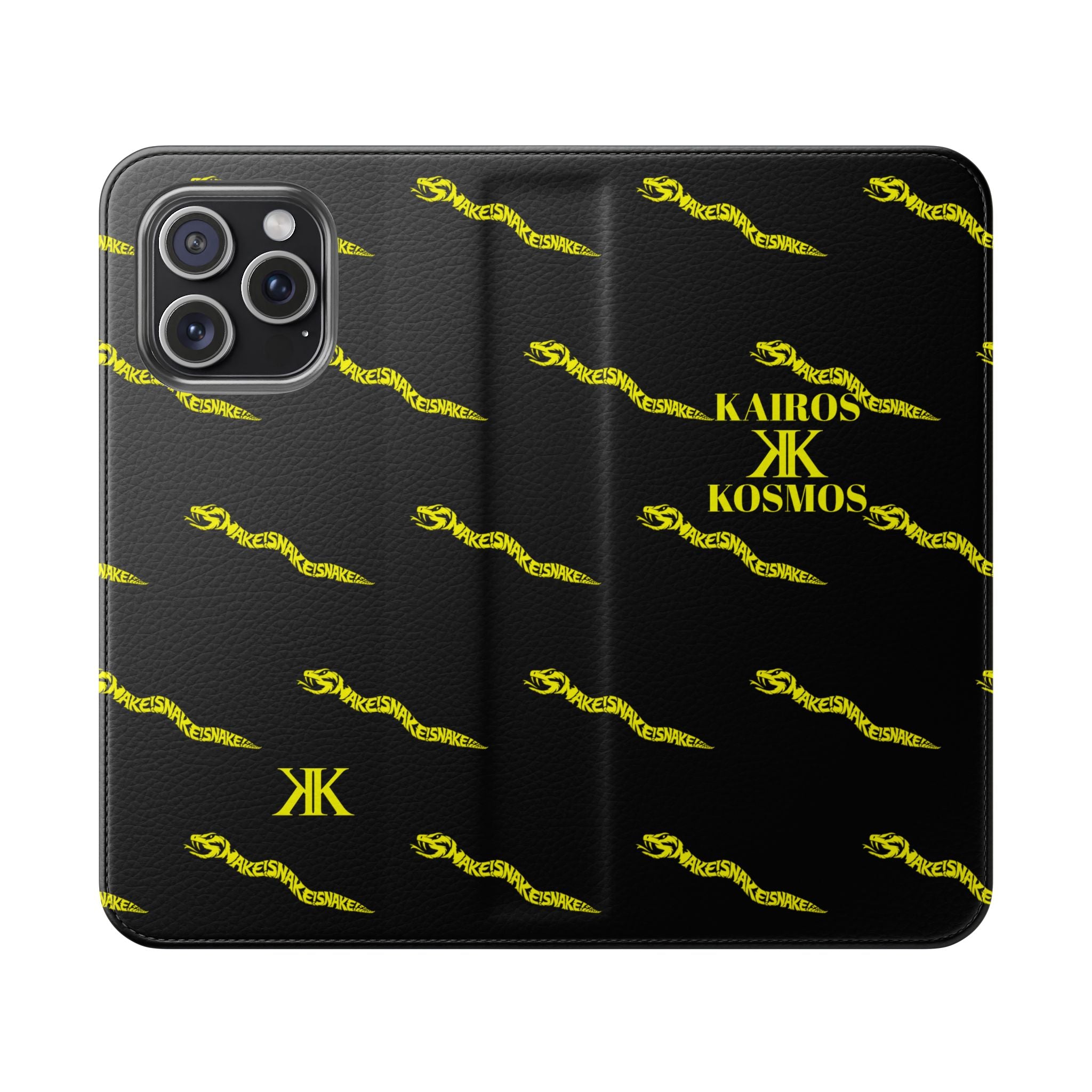 Aspis Collection Flip Case Phone Wallet — Black & Gold Kairos Kosmos Pattern