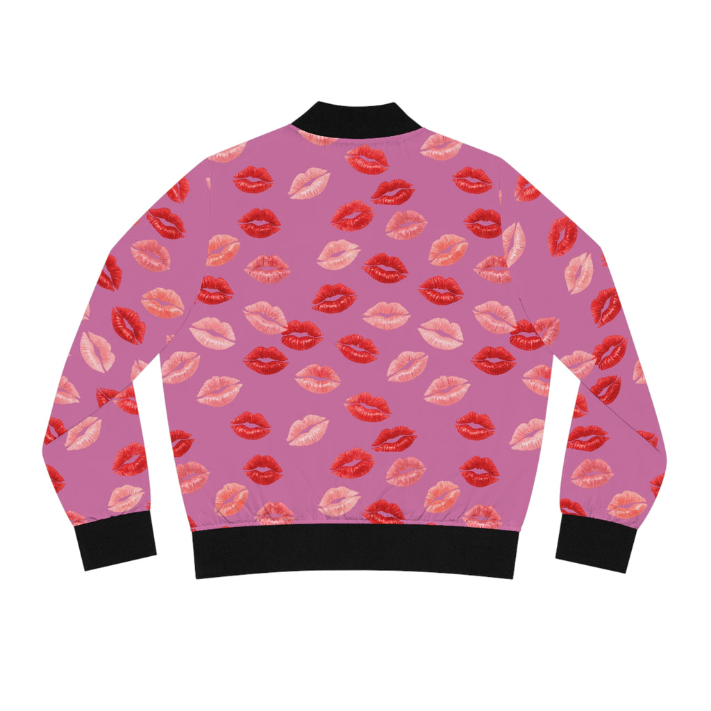 Psyche Collection Light Pink, Kiss Print Uni-Sex Bomber Jacket —  Lipstick Kisses Print