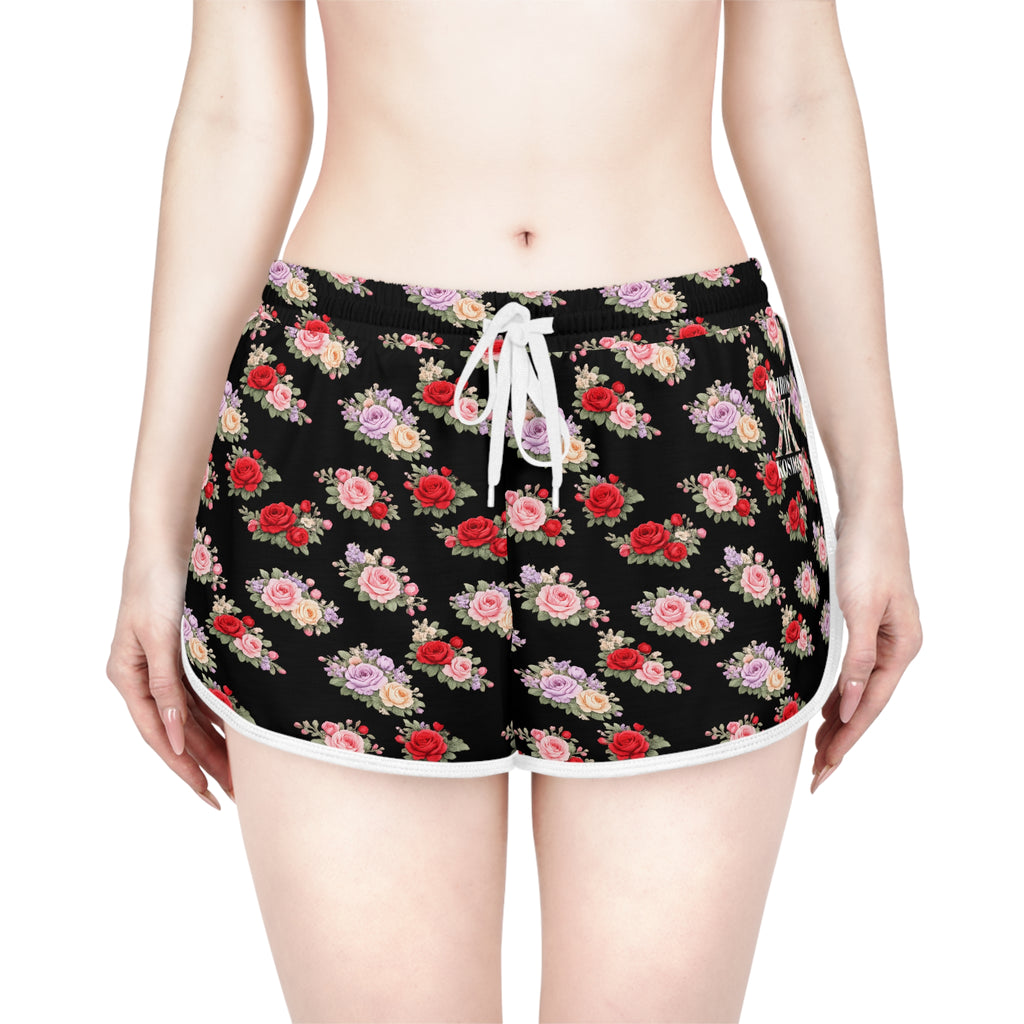 Anthos Collection BLACK Floral Stretch Women's Relaxed Shorts — Vintage Pink & Red Rose All-Over Print