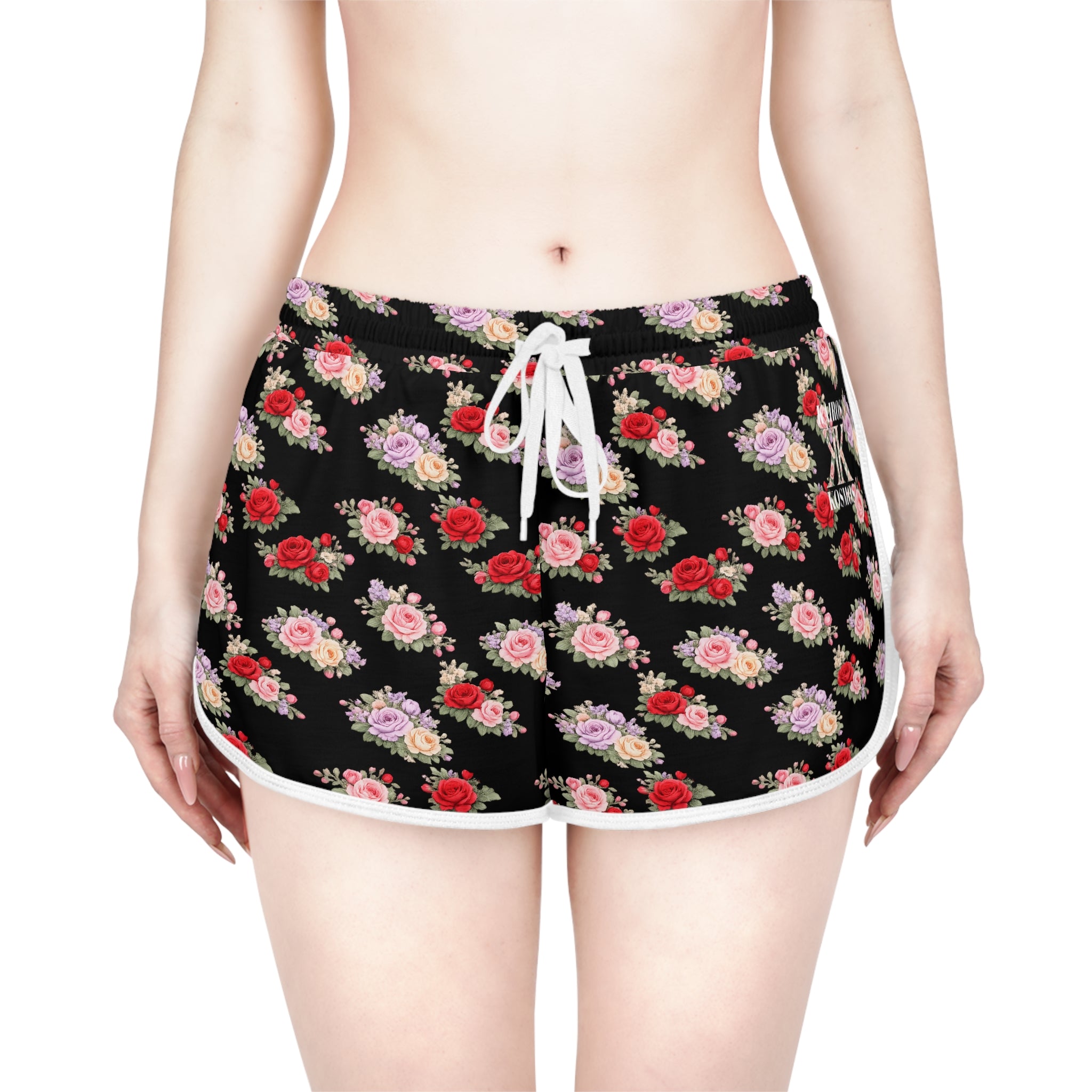 Anthos Collection BLACK Floral Stretch Women's Relaxed Shorts — Vintage Pink & Red Rose All-Over Print