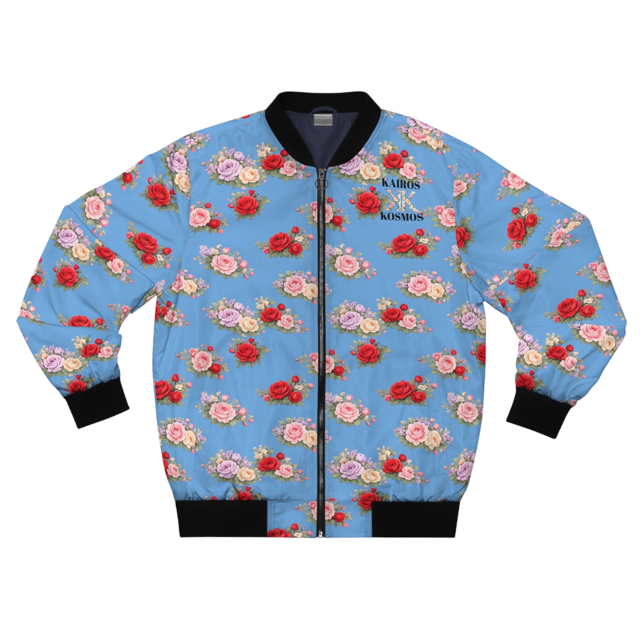 Anthos Collection Floral Rose Light Blue Bomber Jacket — Vintage Pink & Red All-Over Print