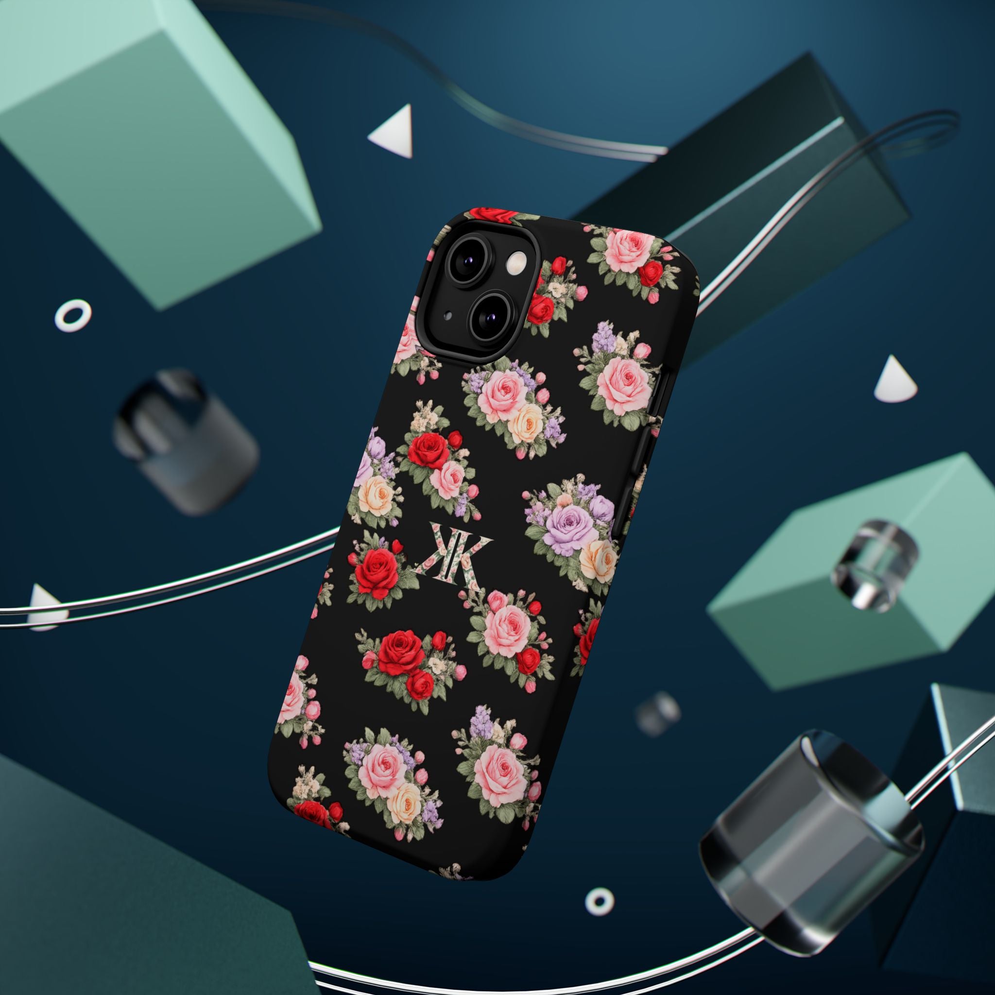 Anthos Collection BLACK Vintage Floral Rose Pattern Magnetic Impact-Resistant Phone Case