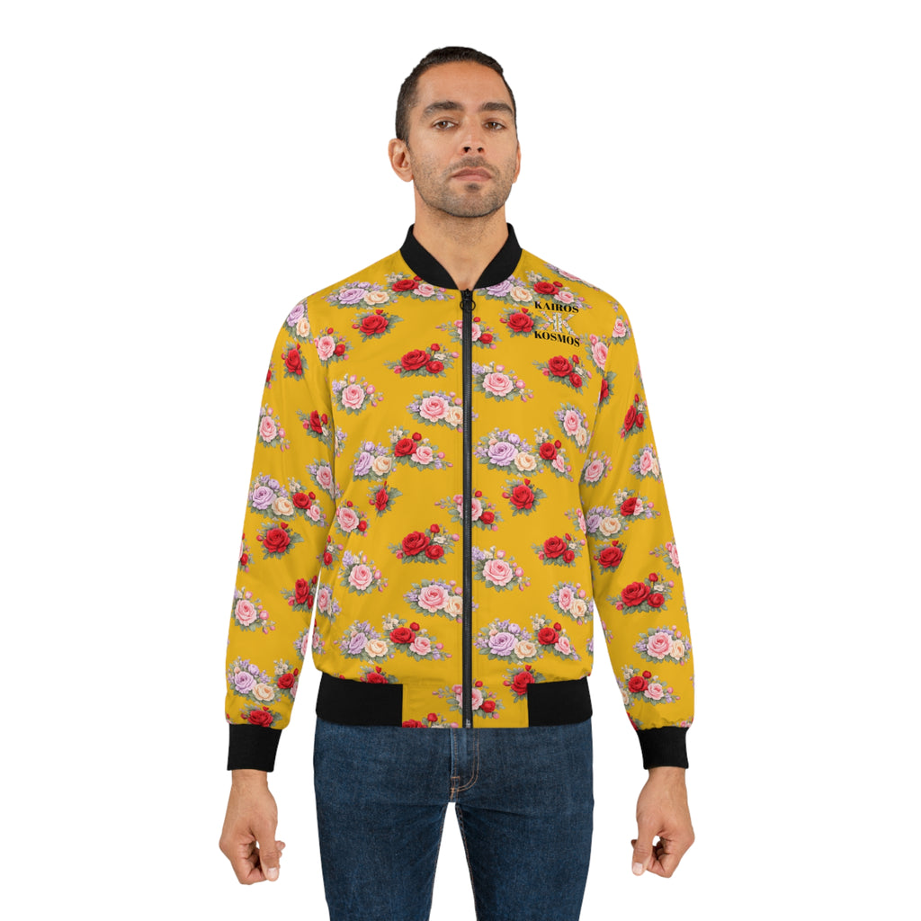 Anthos Collection Floral Rose Yellow Bomber Jacket — Vintage Pink & Red All-Over Print