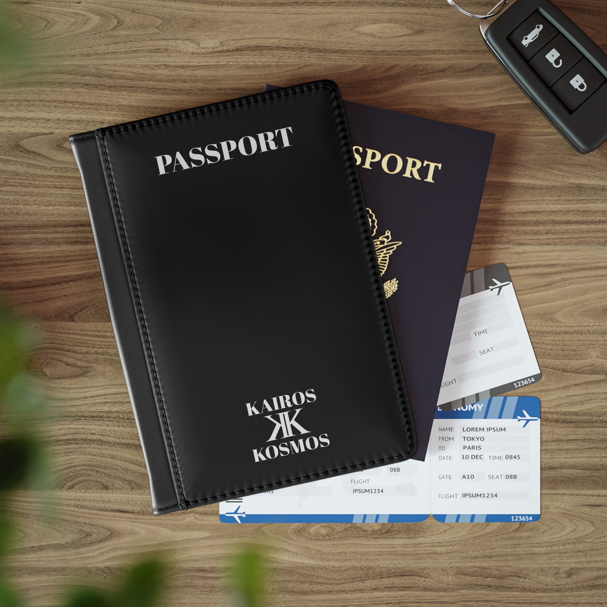 Passport Cover Black - Minimal 'PASSPORT' Text with Kairos Kosmos Logo