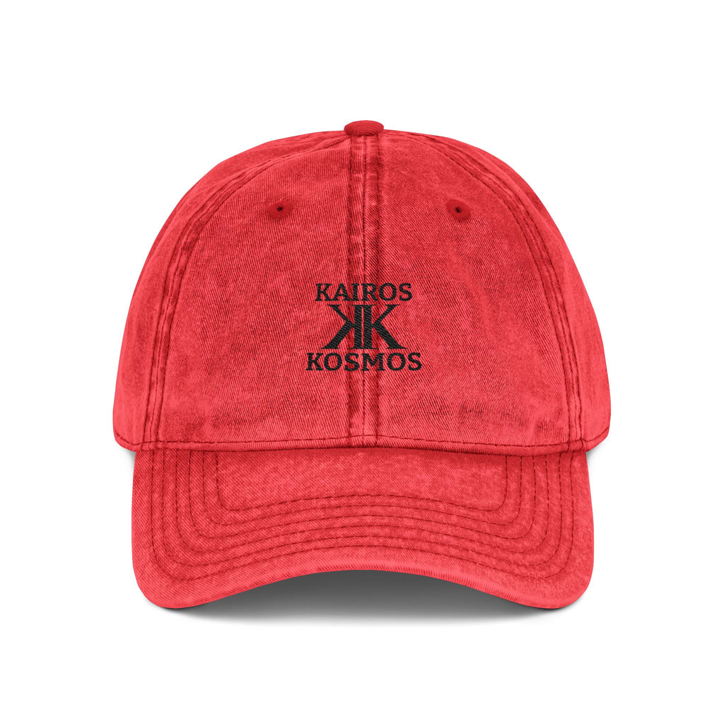 Vintage Embroidered Cap RED — Kairos Kosmos Logo Distressed Baseball Hat
