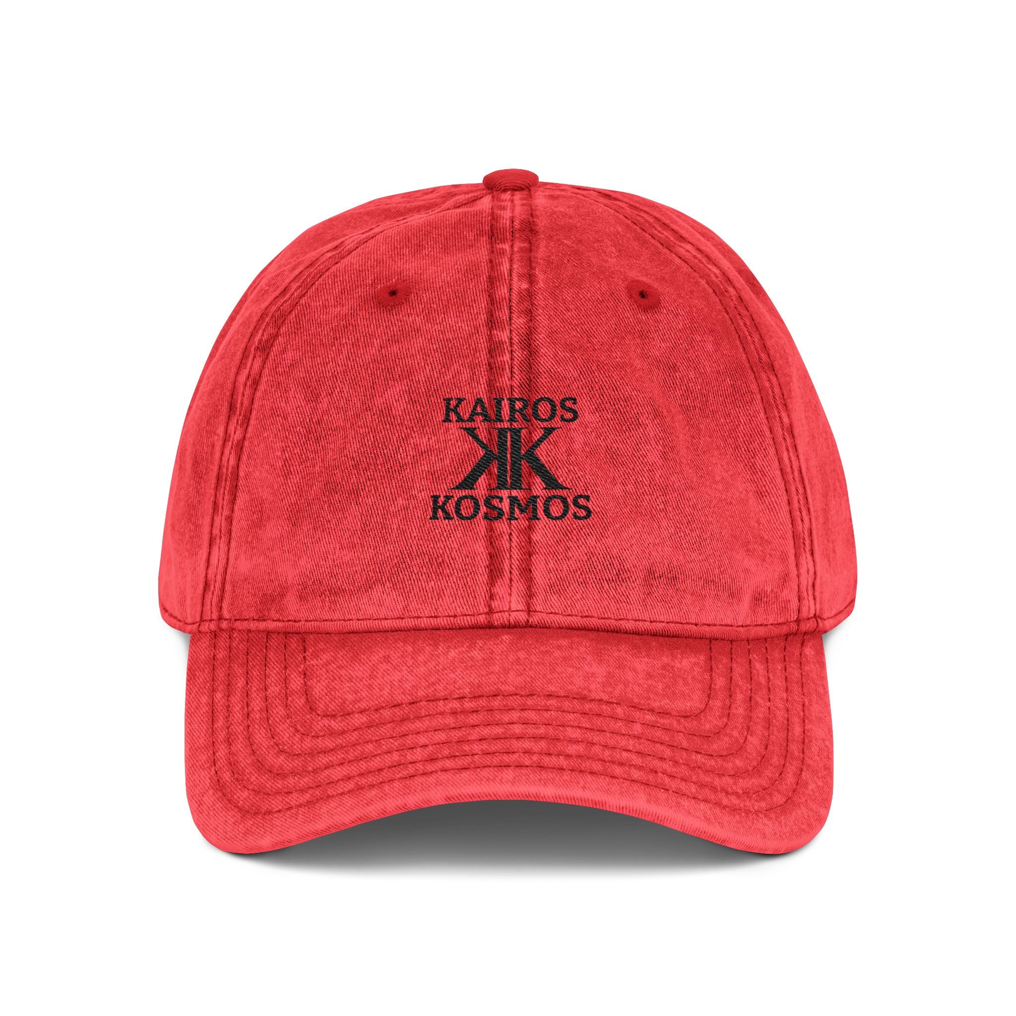 Vintage Embroidered Cap RED — Kairos Kosmos Logo Distressed Baseball Hat