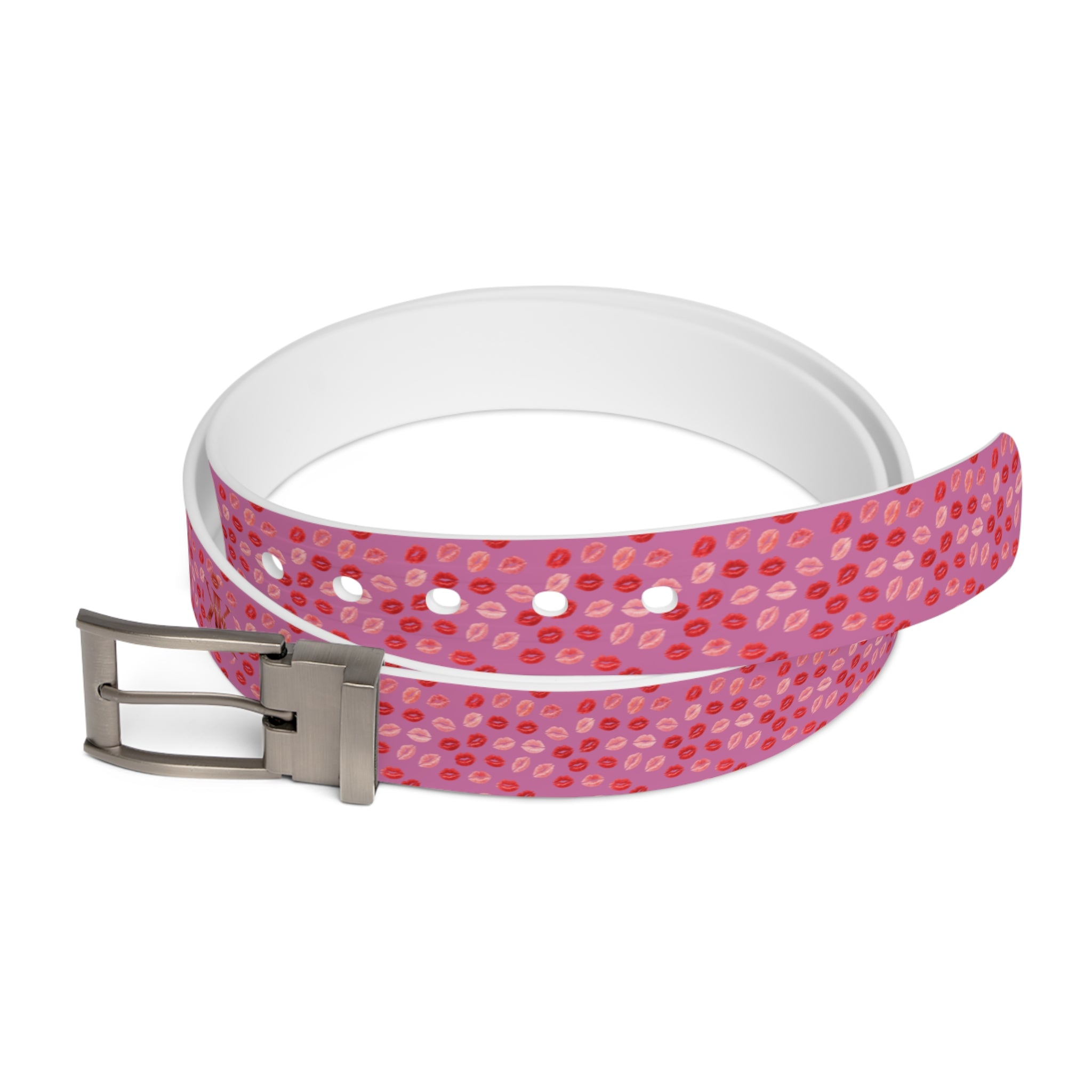 Psyche Collection Women's Light Pink, Pink And Red Lip Print Belt – Cute Kiss Pattern Fashion Belt