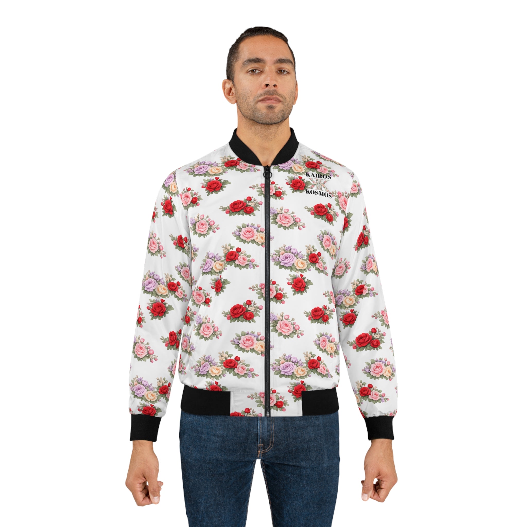 Anthos Collection Floral Rose Bomber Jacket — Vintage Pink & Red All-Over Print