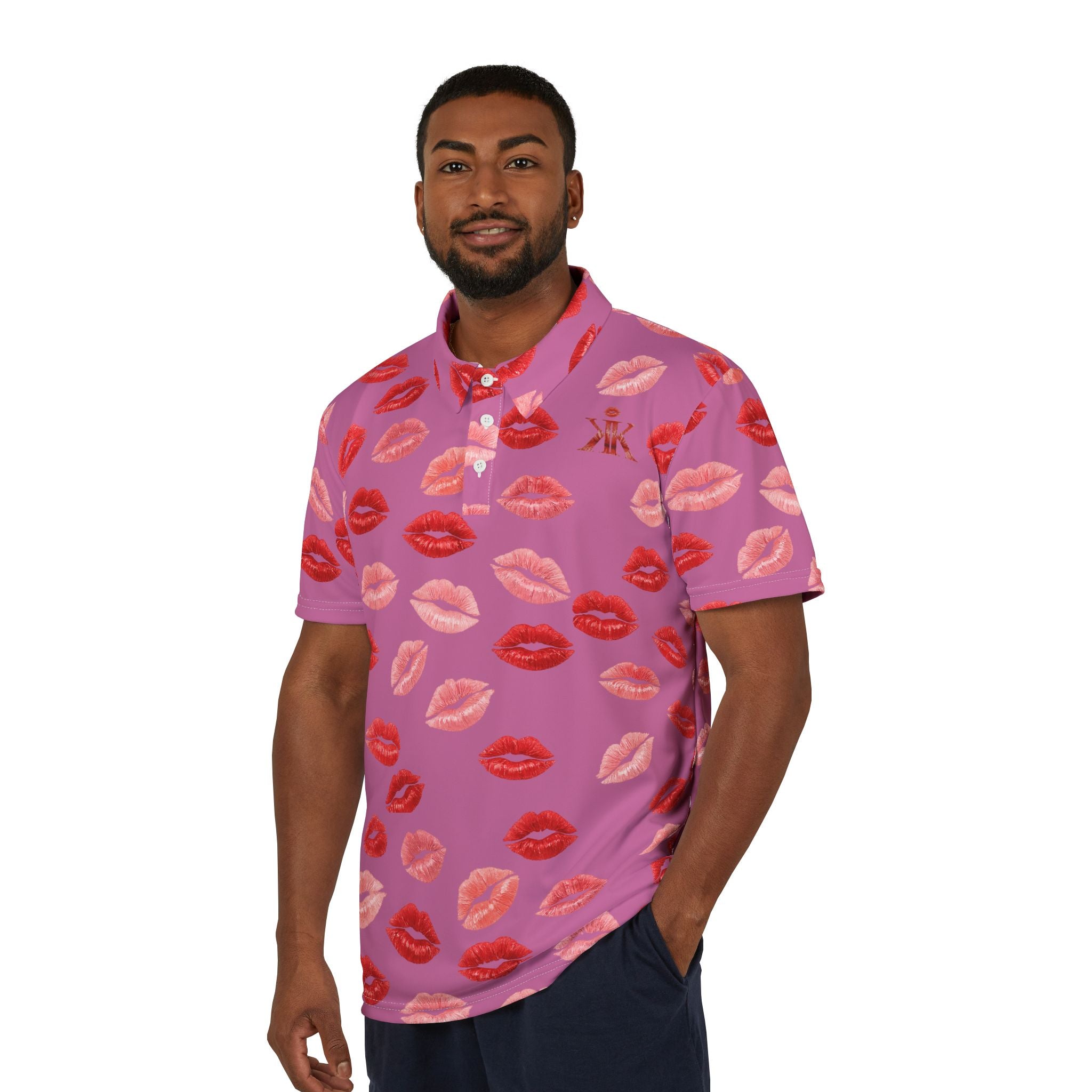 Psyche Collection Light Pink Kiss Print Polo Shirt — Allover Red Lip Pattern
