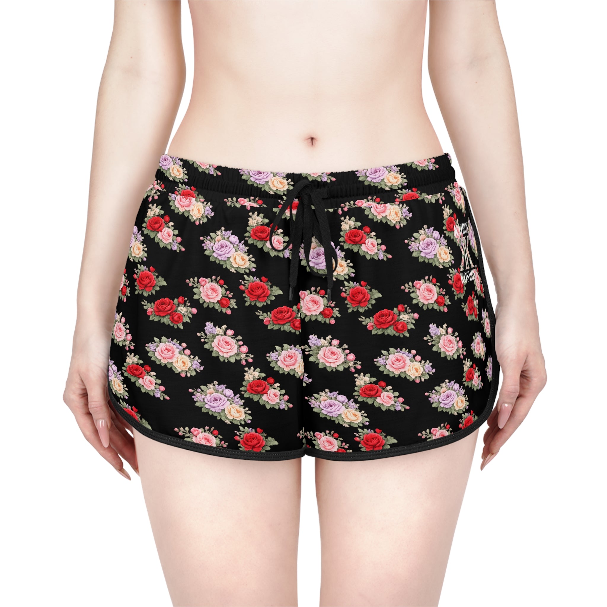 Anthos Collection BLACK Floral Stretch Women's Relaxed Shorts — Vintage Pink & Red Rose All-Over Print