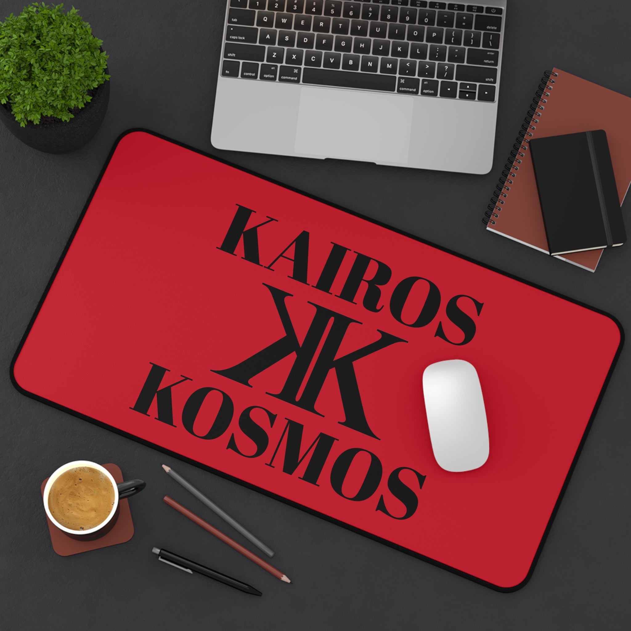 Desk Mat RED — Minimalist 'KAIROS KOSMOS' Black & White Logo Desk Mat