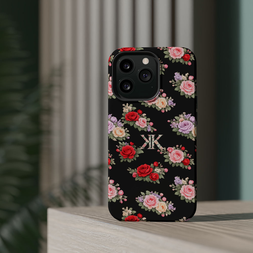 Anthos Collection BLACK Vintage Floral Rose Pattern Magnetic Impact-Resistant Phone Case