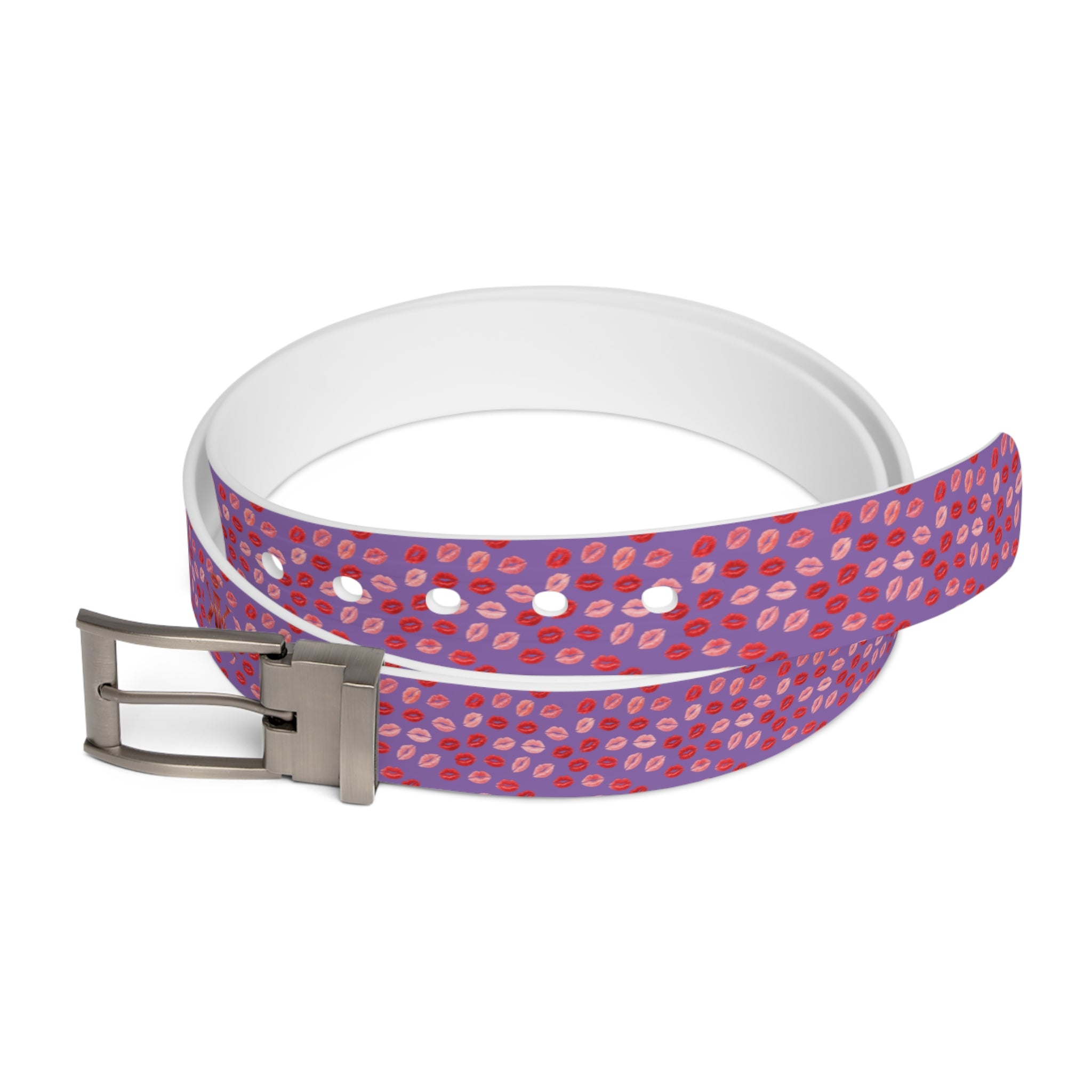 Psyche Collection Women's Light Purple, Pink And Red Lip Print Belt – Cute Kiss Pattern Fashion Belt