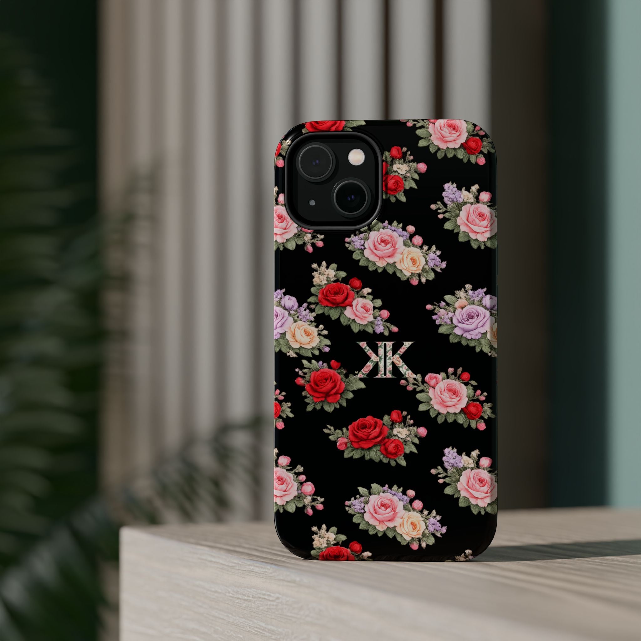 Anthos Collection BLACK Vintage Floral Rose Pattern Magnetic Impact-Resistant Phone Case