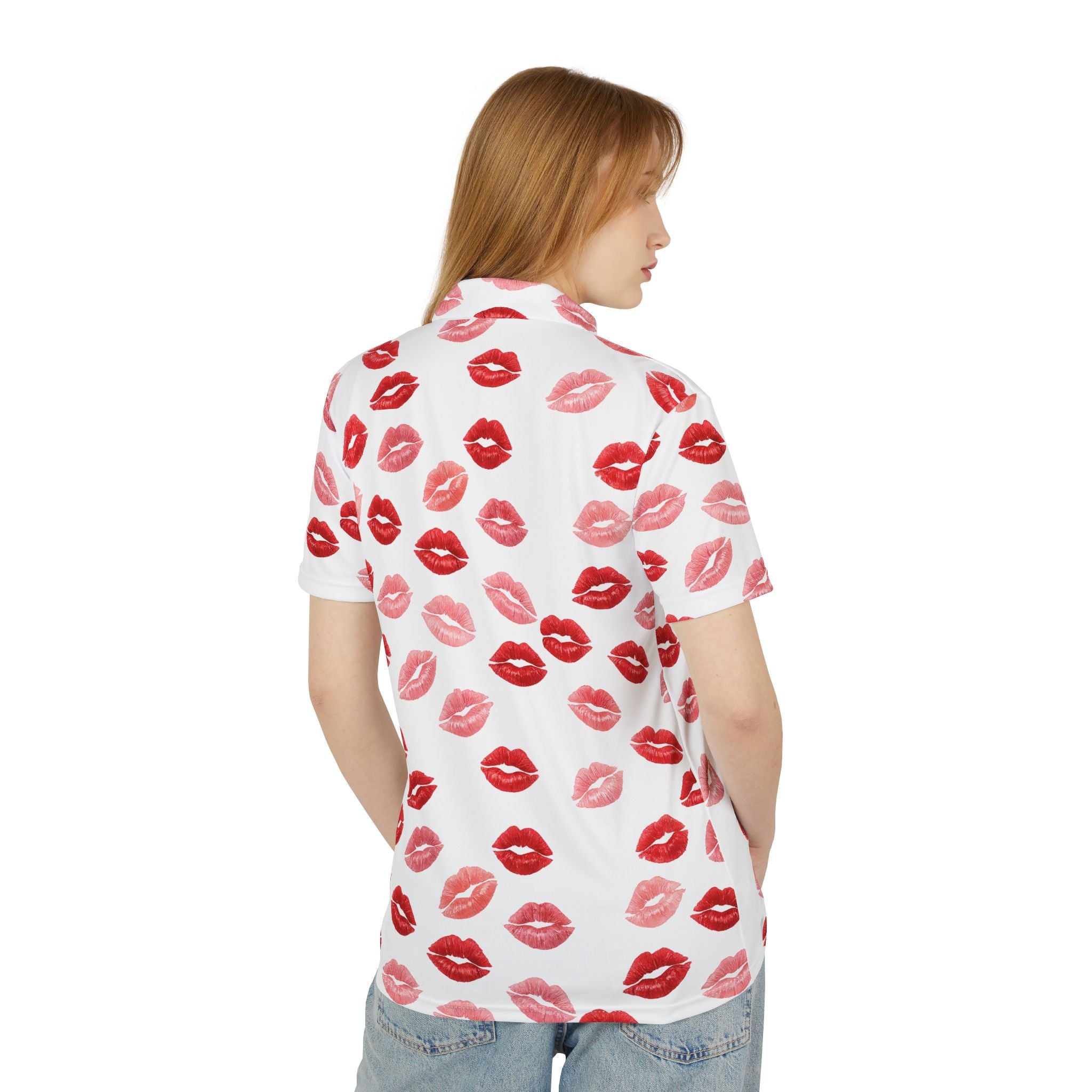Psyche Collection White Kiss Print Polo Shirt — Allover Red Lip Pattern