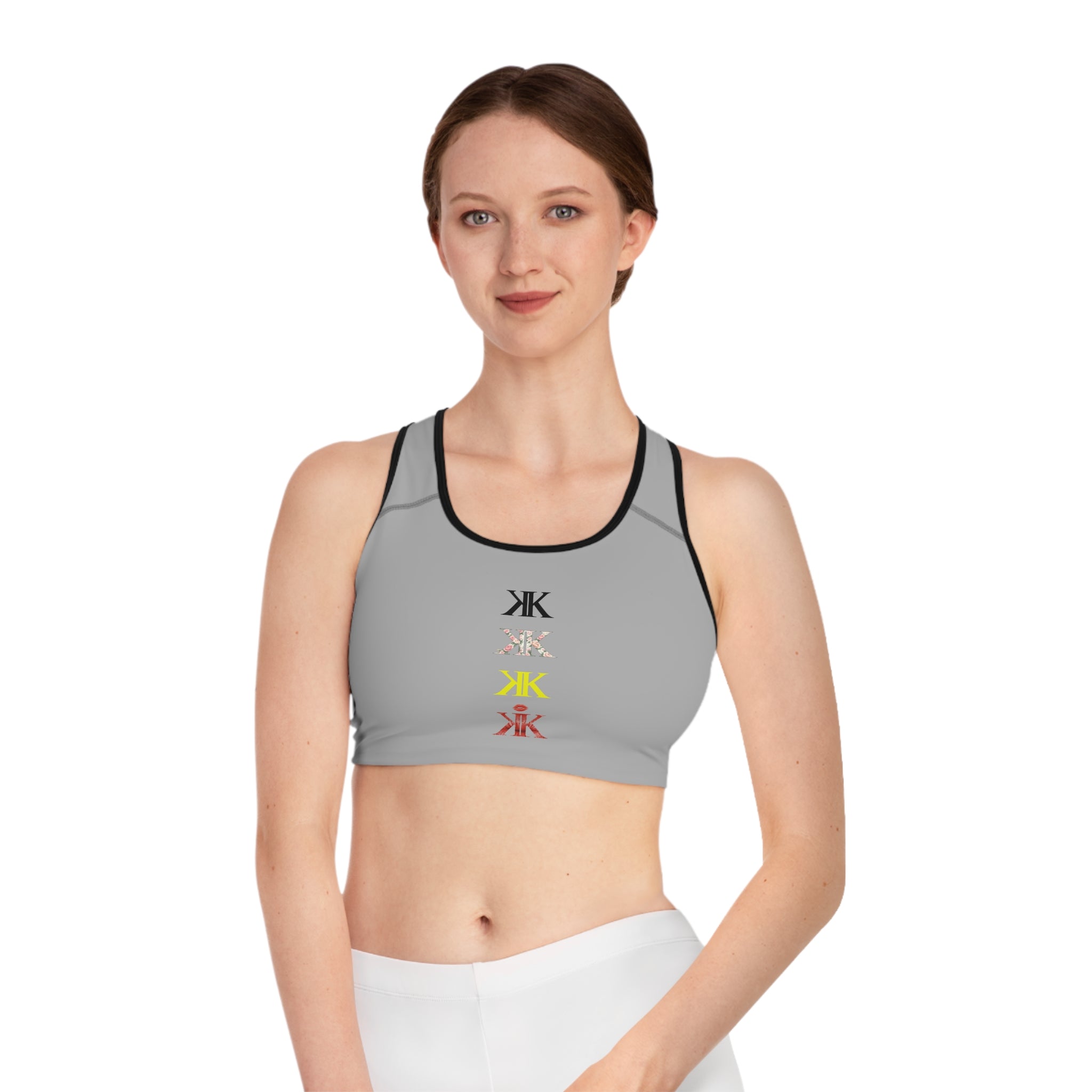 Sigil Collection Light Grey Minimalist Stacked Logo Sports Bra — Colorful Monogram Activewear