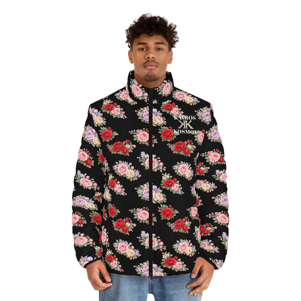 Anthos Collection BLACK Floral Puffer Jacket - Vintage Rose All-Over Print