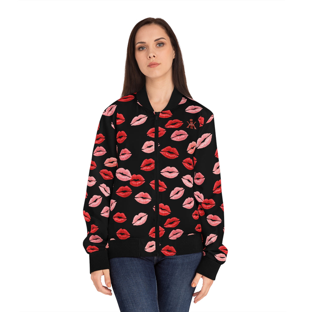 Psyche Collection BLACK, Kiss Print Uni-Sex Bomber Jacket —  Lipstick Kisses Print