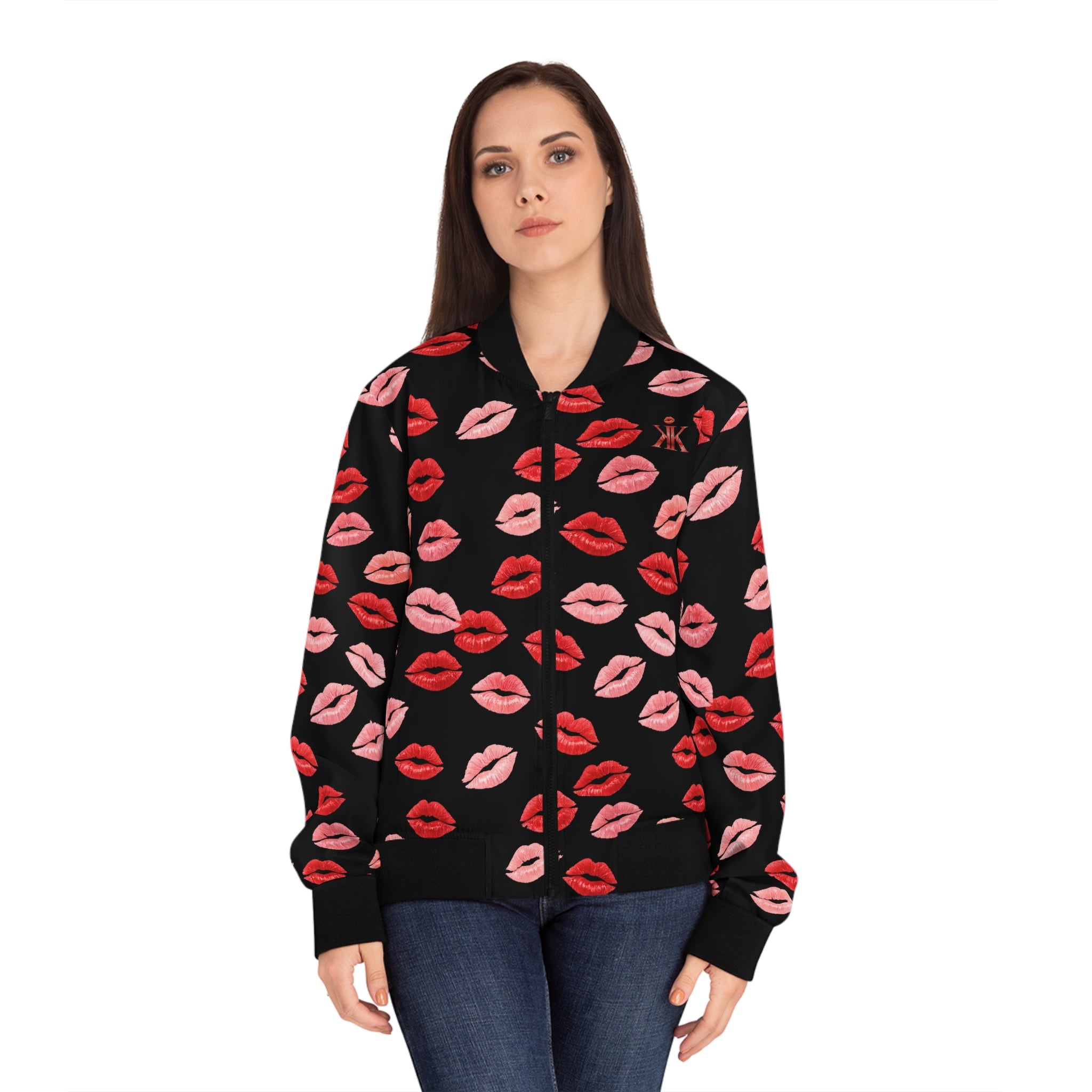 Psyche Collection BLACK, Kiss Print Uni-Sex Bomber Jacket —  Lipstick Kisses Print
