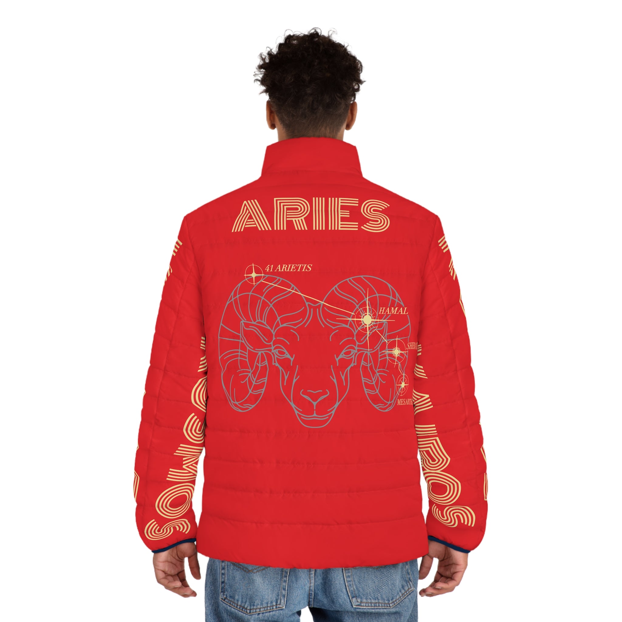 Aether Collection RED Aries Puffer Jacket – Zodiac Ram Graphic Men's Jacket
