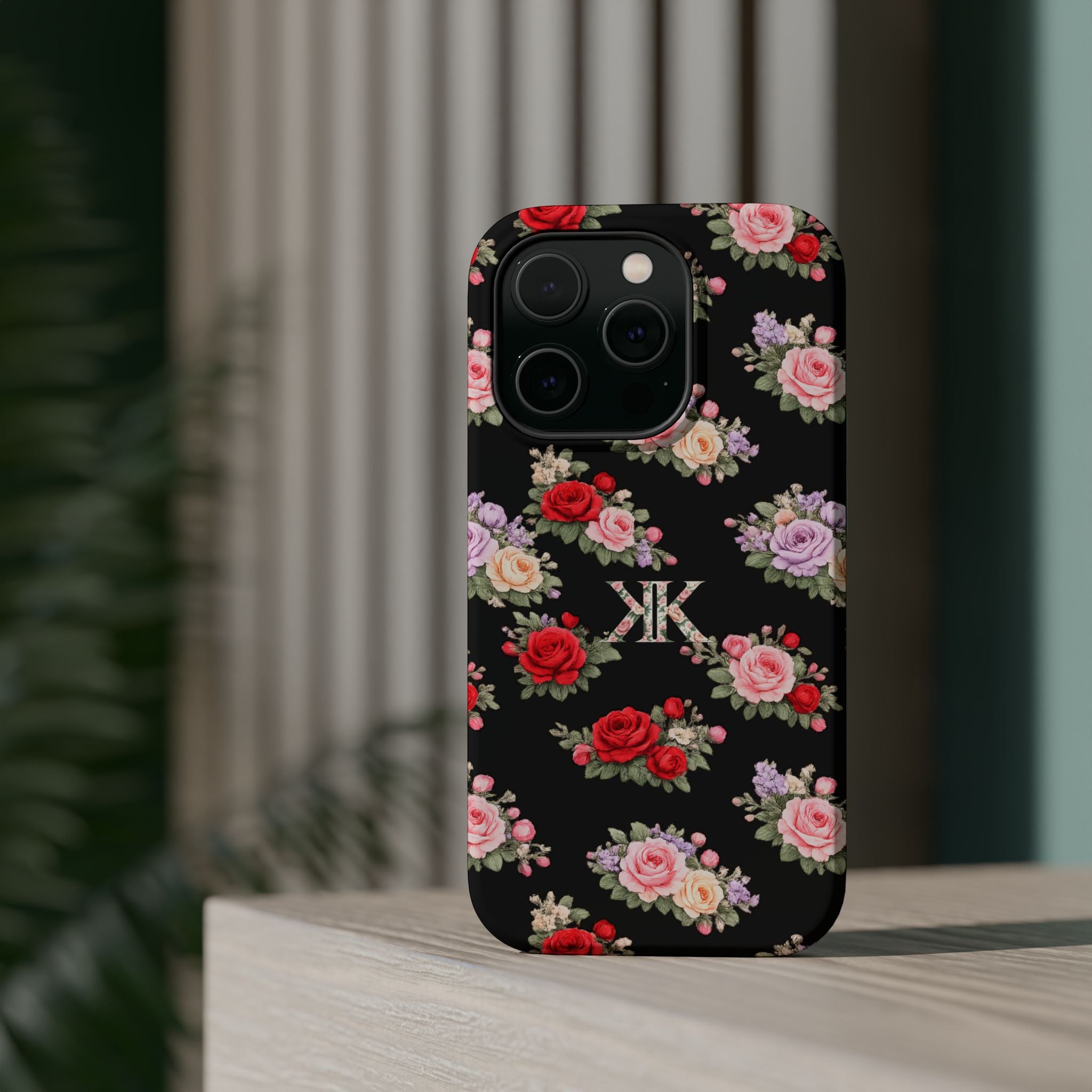 Anthos Collection BLACK Vintage Floral Rose Pattern Magnetic Impact-Resistant Phone Case