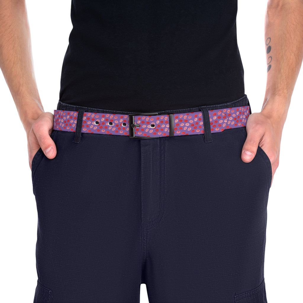 Psyche Collection Women's Light Purple, Pink And Red Lip Print Belt – Cute Kiss Pattern Fashion Belt