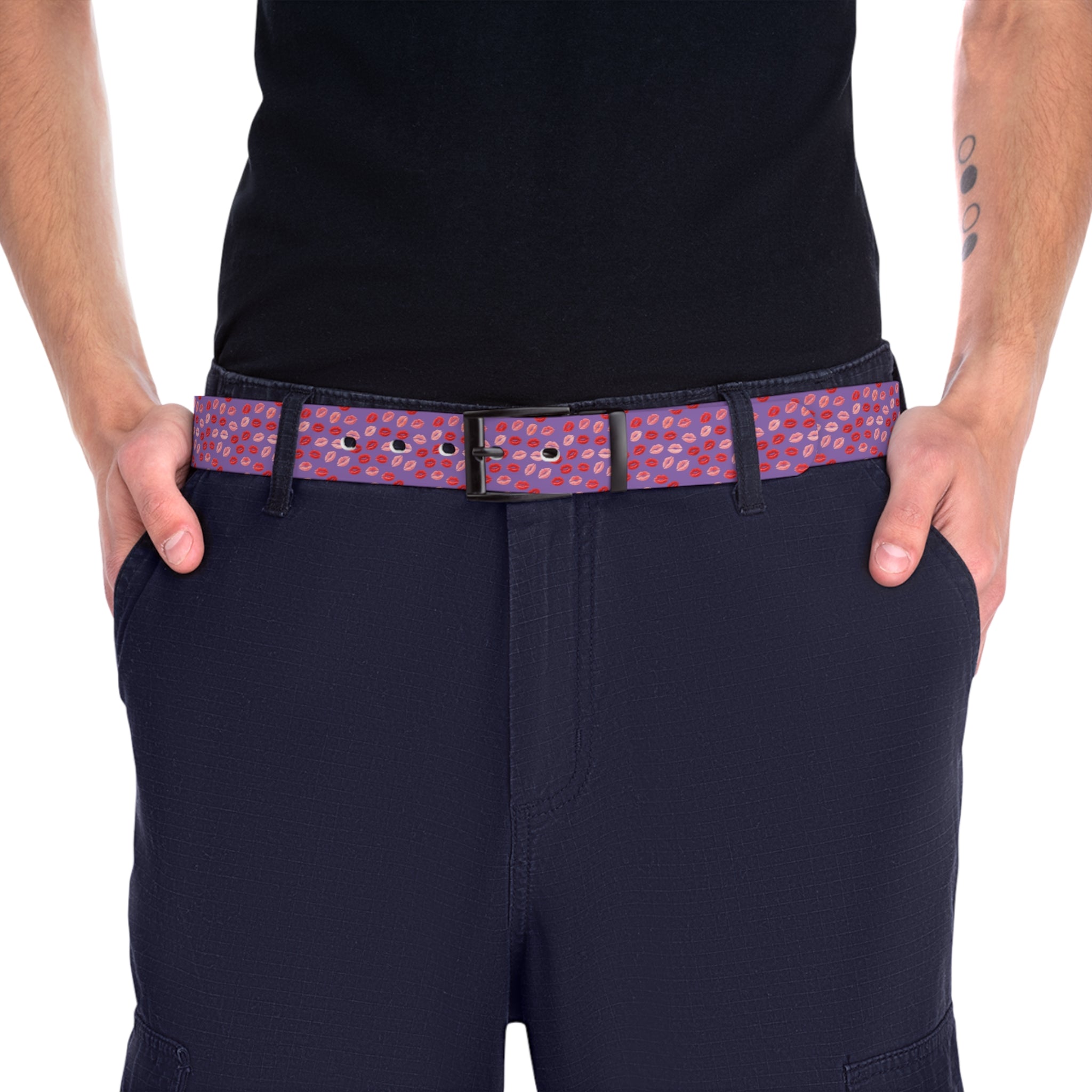 Psyche Collection Women's Light Purple, Pink And Red Lip Print Belt – Cute Kiss Pattern Fashion Belt