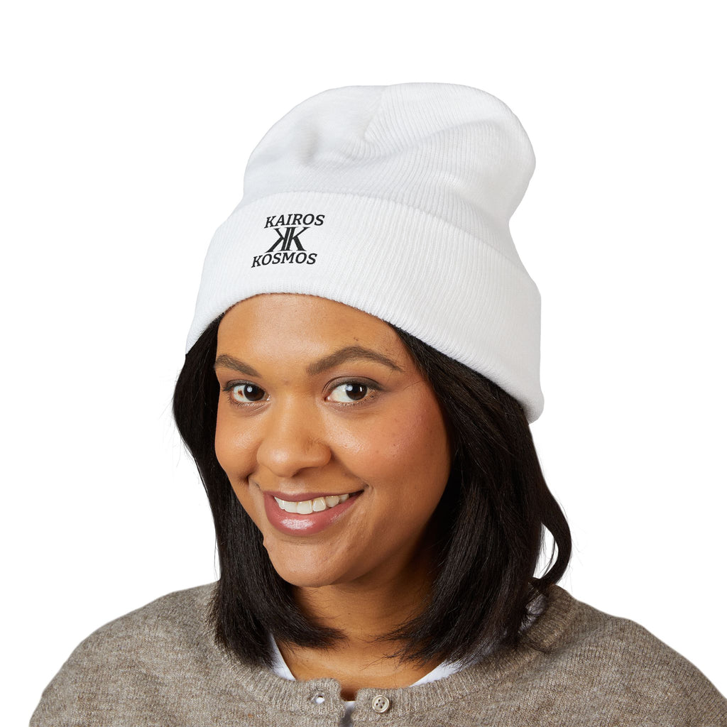 Kairos Kosmos Embroidered Cuffed Beanie — Minimal Logo Knit Hat