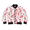 Psyche Collection White, Kiss Print Uni-Sex Bomber Jacket —  Lipstick Kisses Print