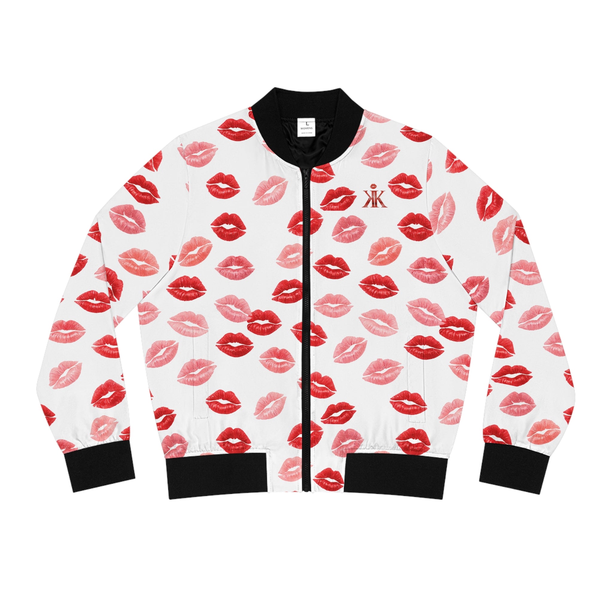 Psyche Collection White, Kiss Print Uni-Sex Bomber Jacket —  Lipstick Kisses Print