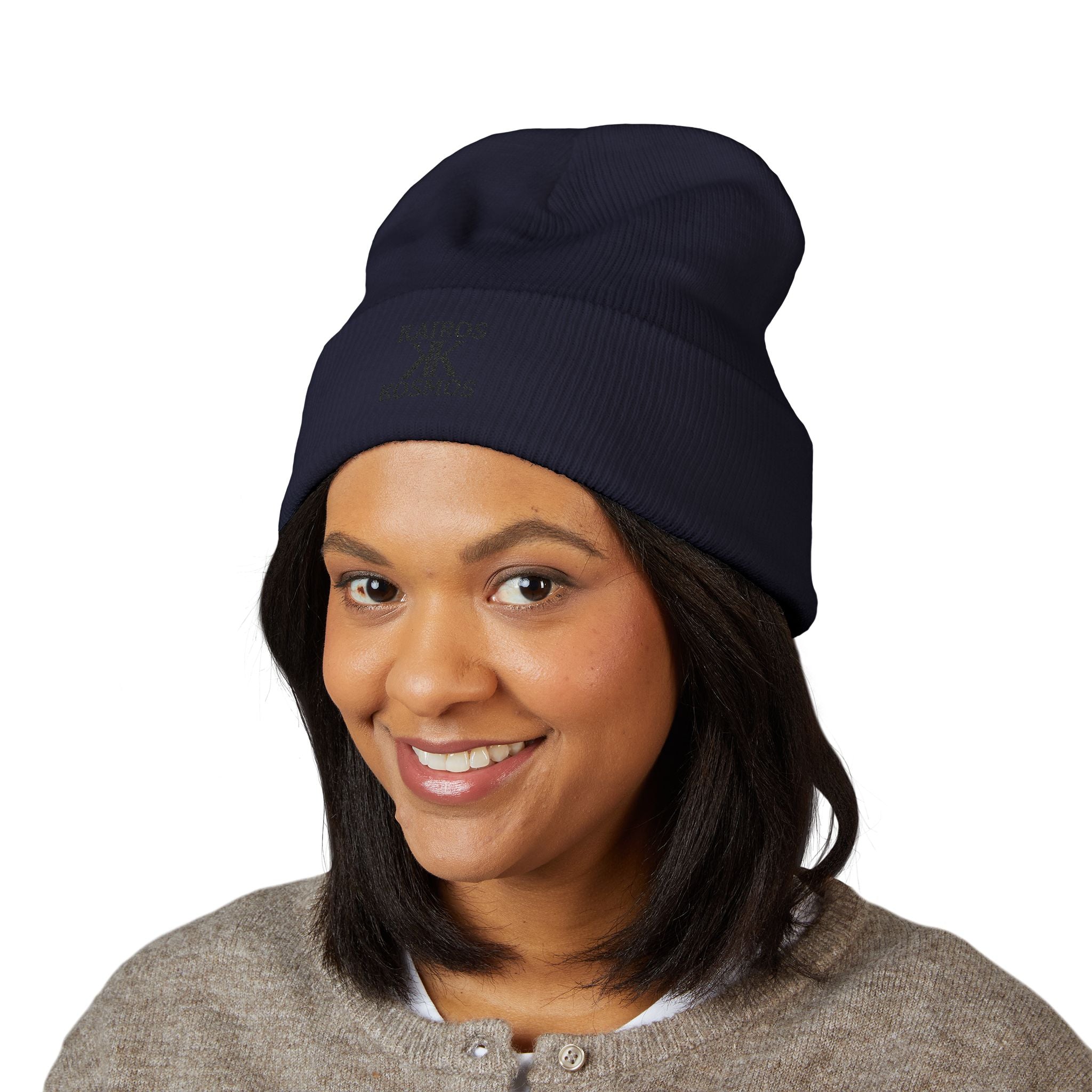 Kairos Kosmos Embroidered Cuffed Beanie — Minimal Logo Knit Hat