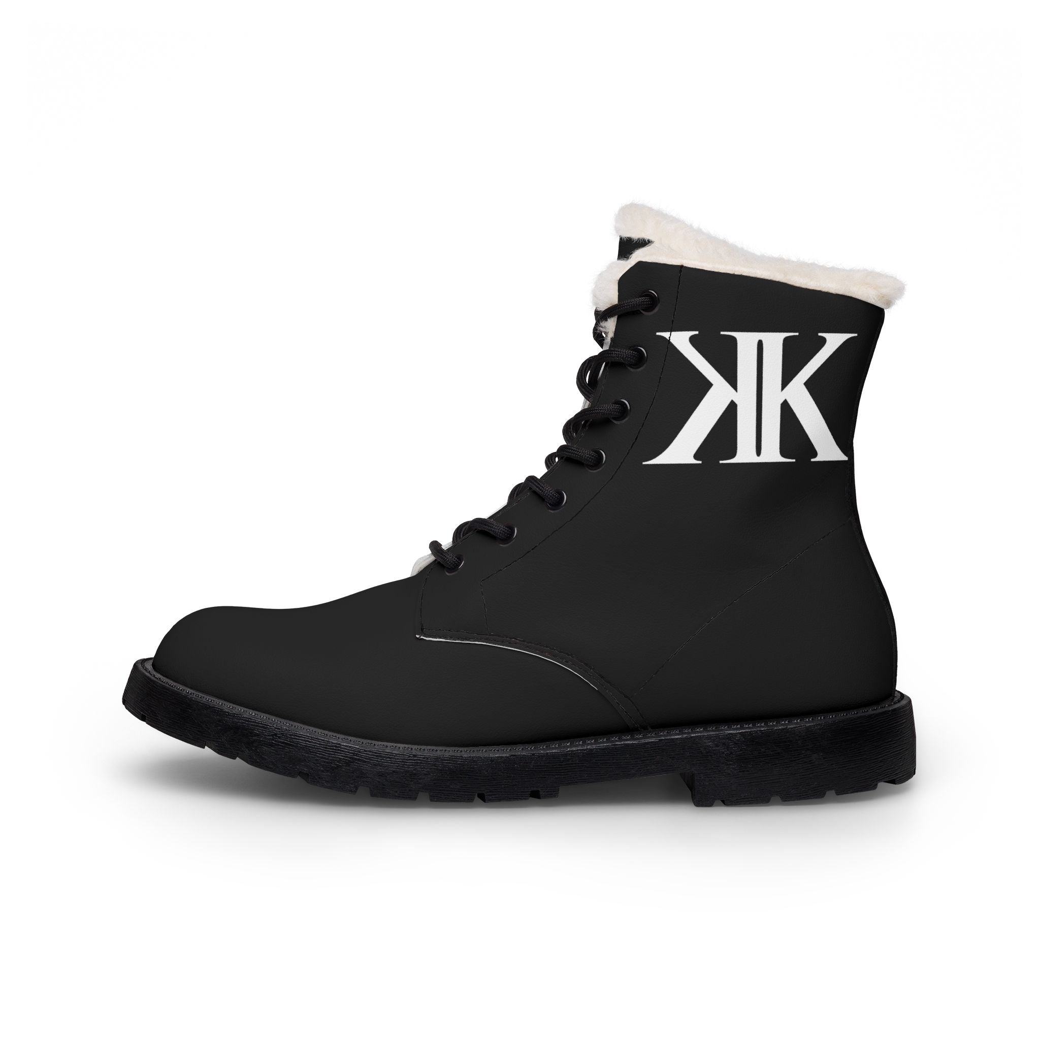 White Fur-Lined BLACK Leather Boots with White 'KK' Monogram