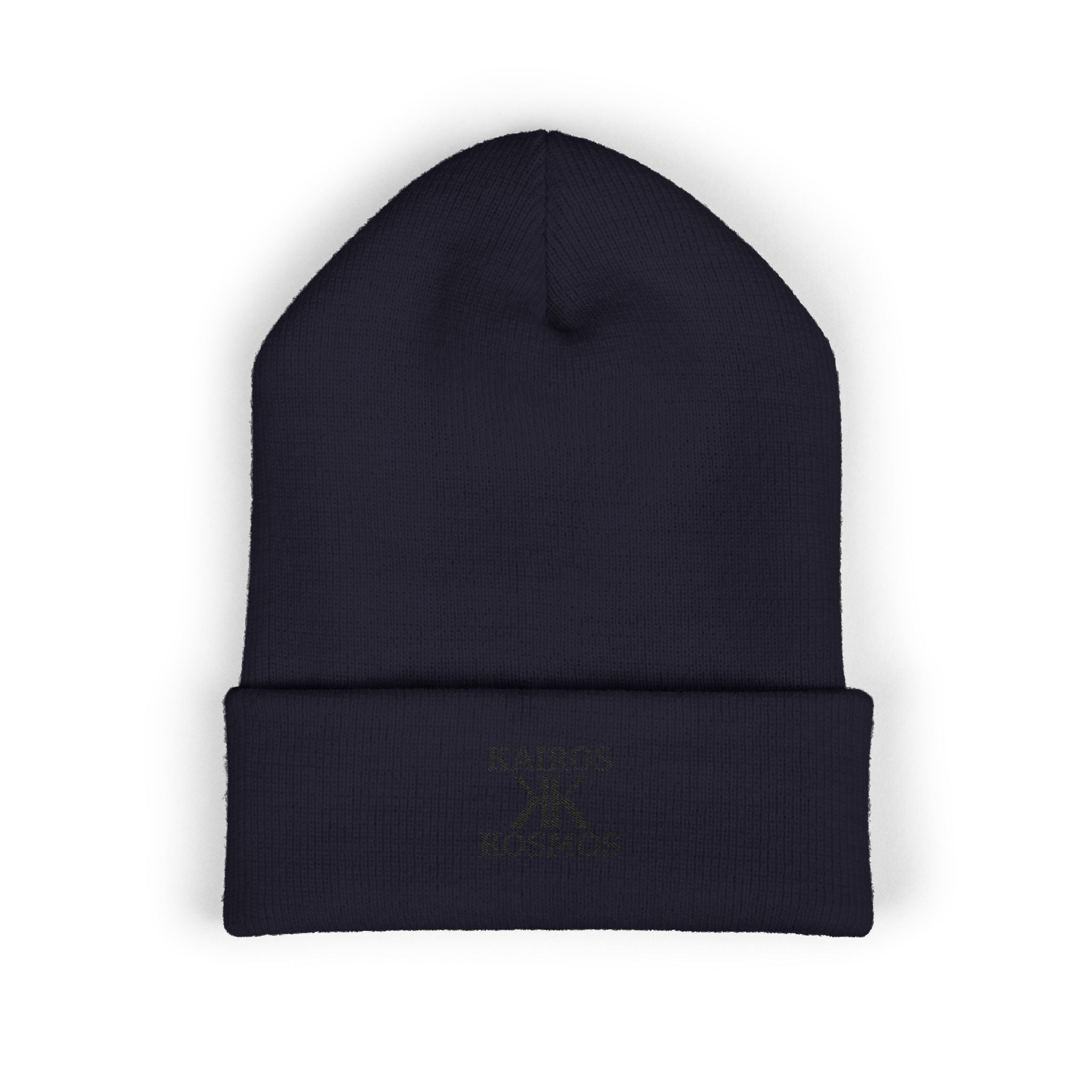 Kairos Kosmos Embroidered Cuffed Beanie — Minimal Logo Knit Hat