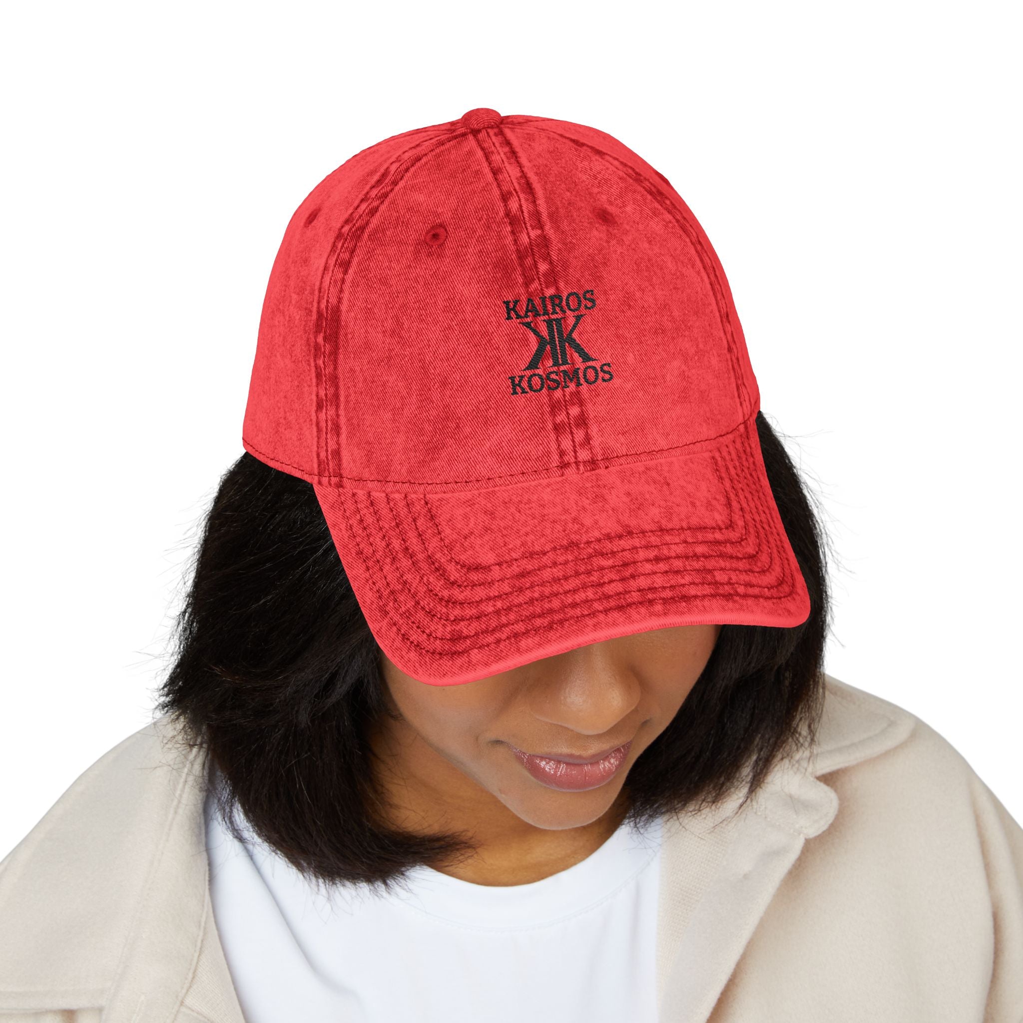 Vintage Embroidered Cap RED — Kairos Kosmos Logo Distressed Baseball Hat
