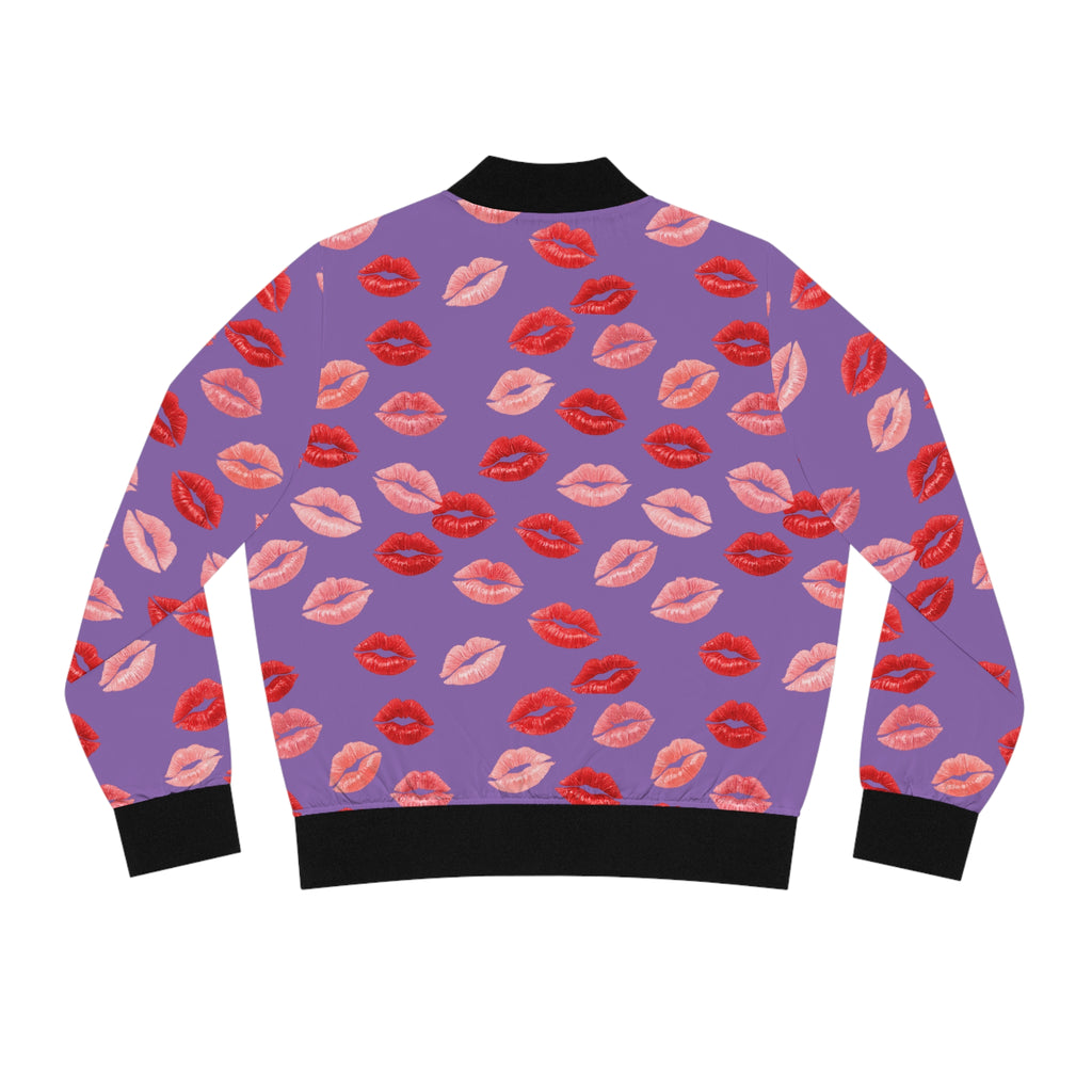 Psyche Collection Light Purple, Kiss Print Uni-Sex Bomber Jacket —  Lipstick Kisses Print