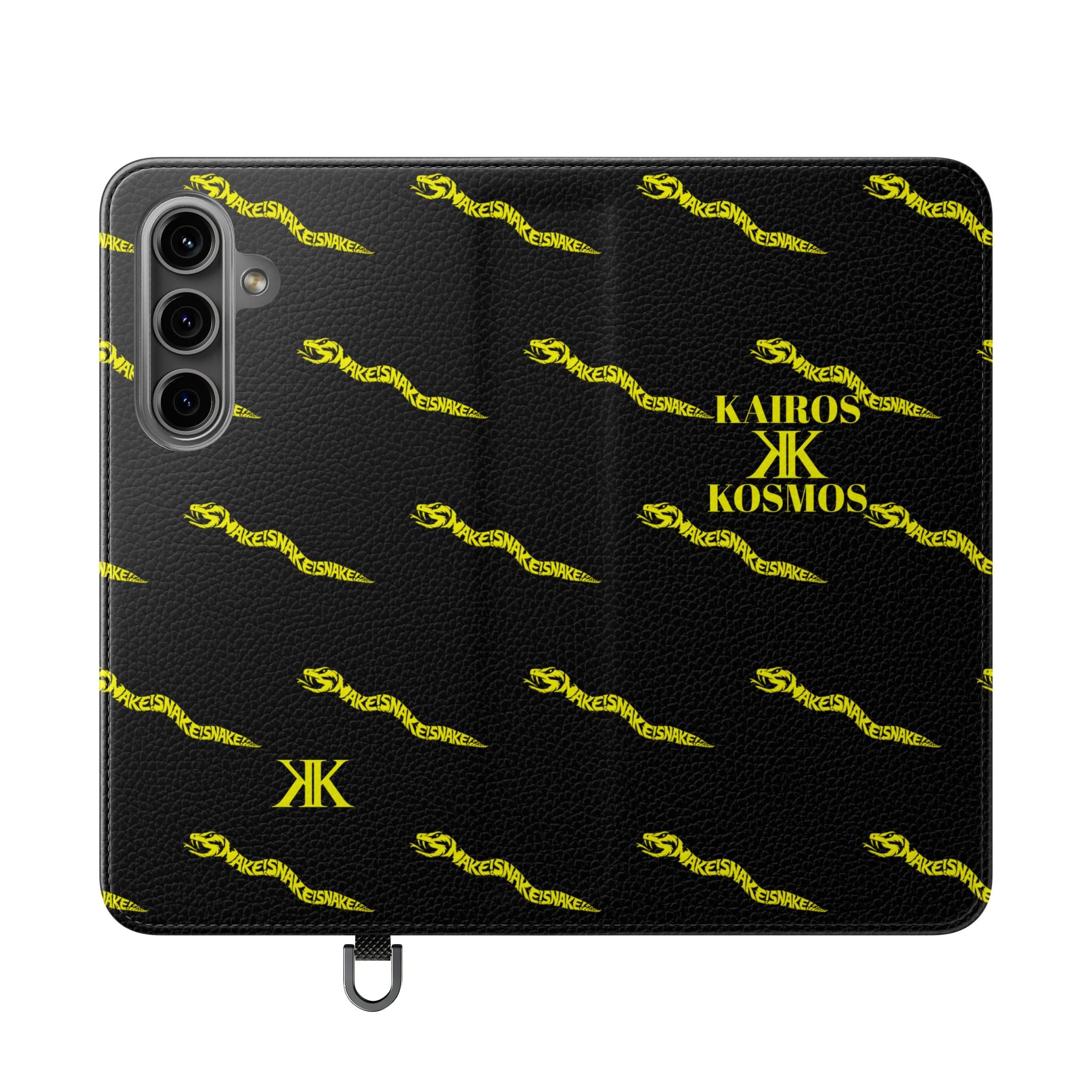 Aspis Collection Flip Case Phone Wallet — Black & Gold Kairos Kosmos Pattern