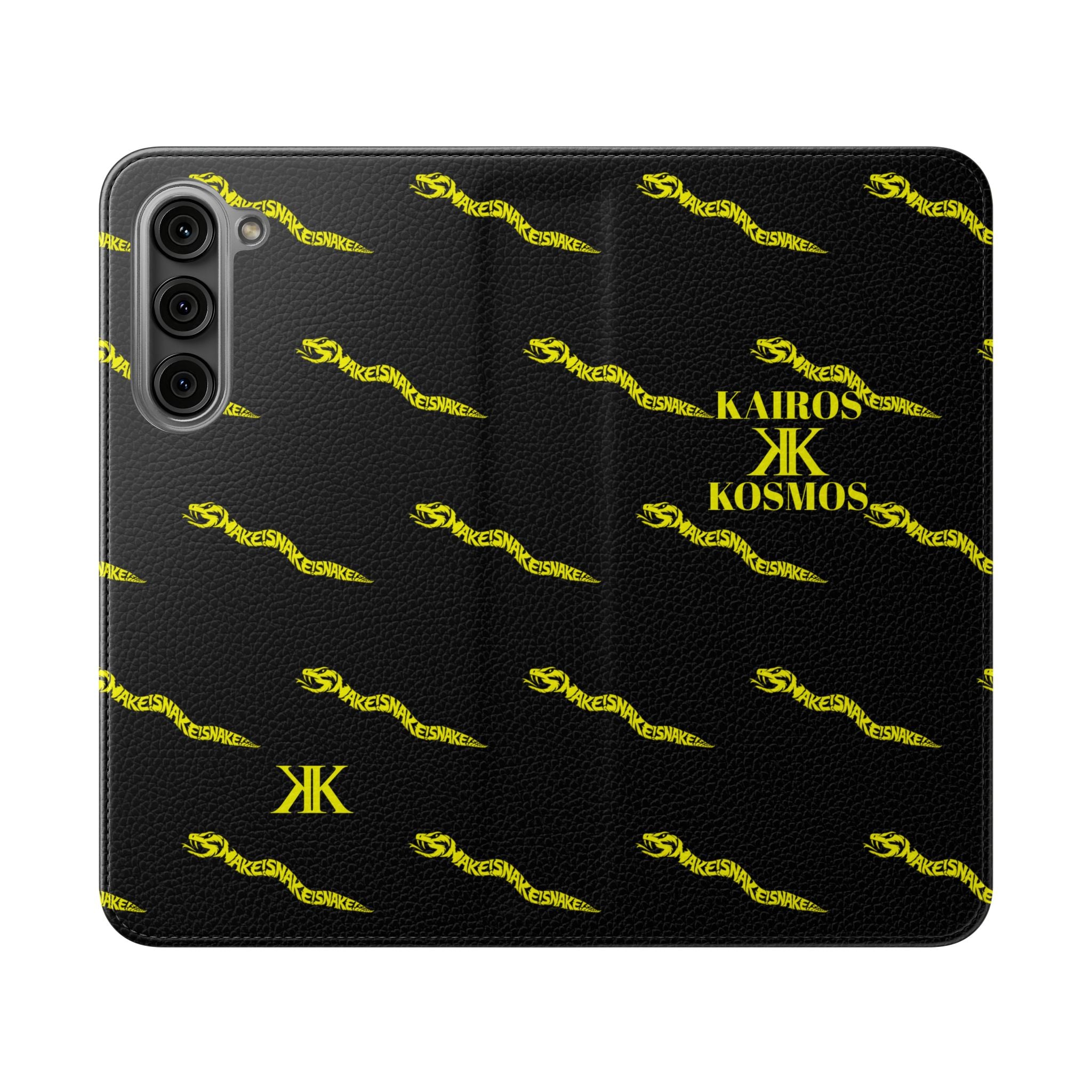 Aspis Collection Flip Case Phone Wallet — Black & Gold Kairos Kosmos Pattern