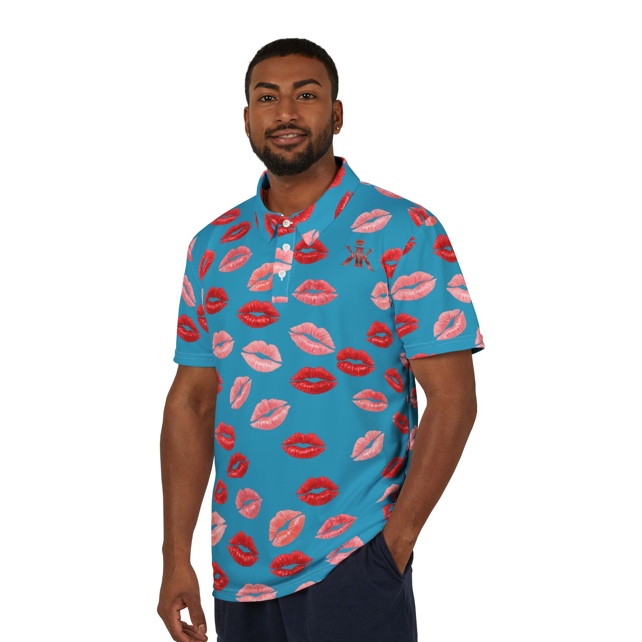 Psyche Collection Turquoise Kiss Print Polo Shirt — Allover Red Lip Pattern
