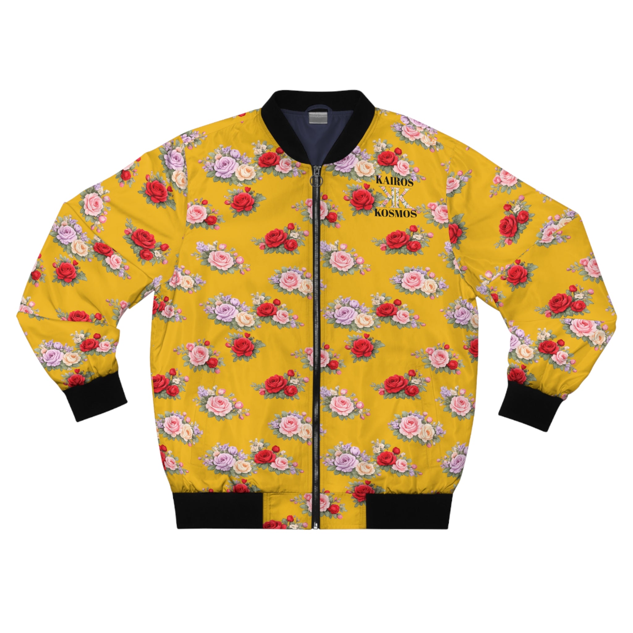 Anthos Collection Floral Rose Yellow Bomber Jacket — Vintage Pink & Red All-Over Print