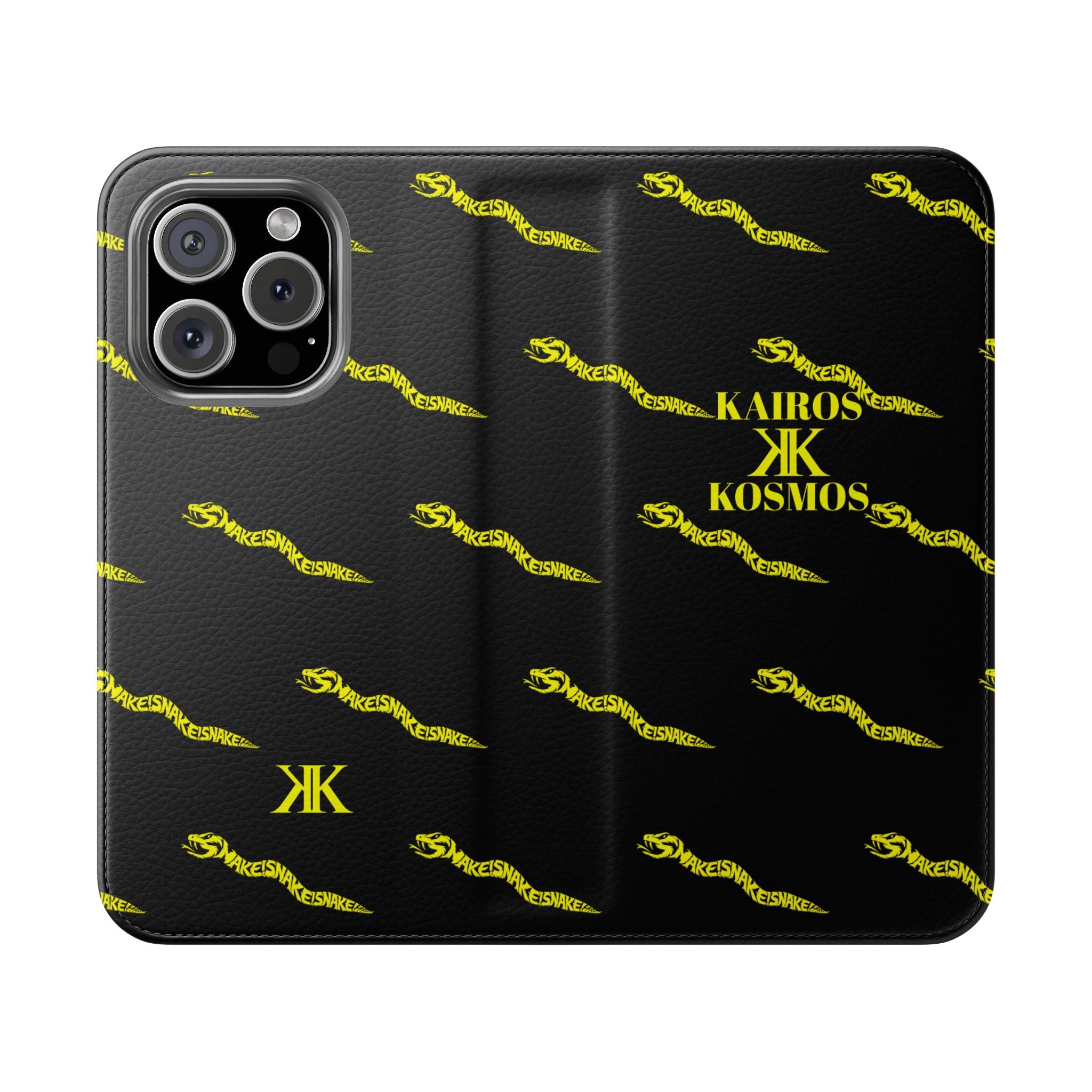 Aspis Collection Flip Case Phone Wallet — Black & Gold Kairos Kosmos Pattern