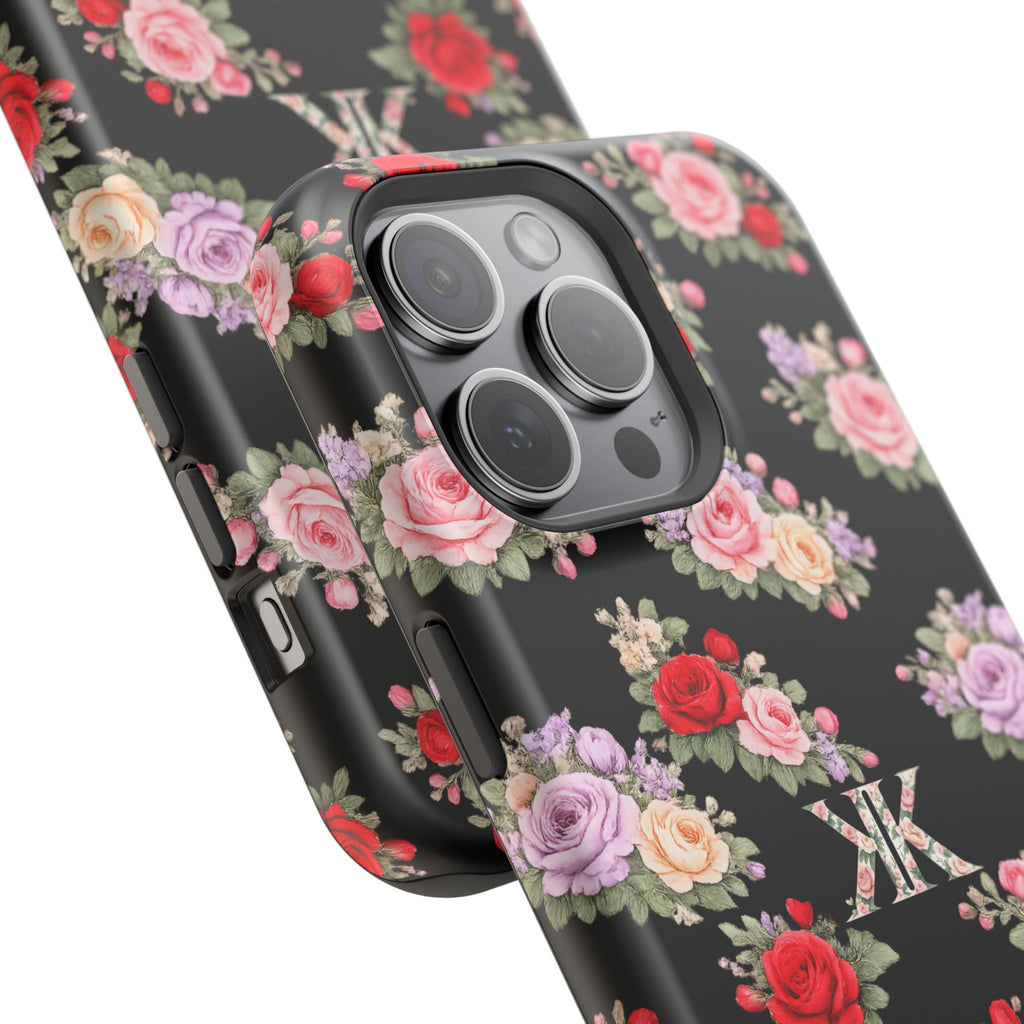 Anthos Collection BLACK Vintage Floral Rose Pattern Magnetic Impact-Resistant Phone Case