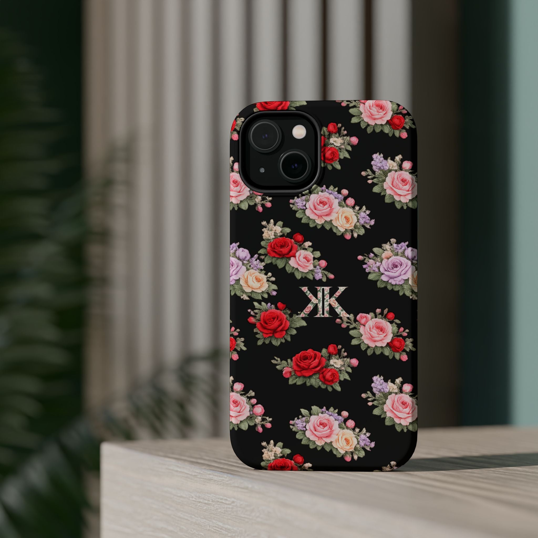 Anthos Collection BLACK Vintage Floral Rose Pattern Magnetic Impact-Resistant Phone Case