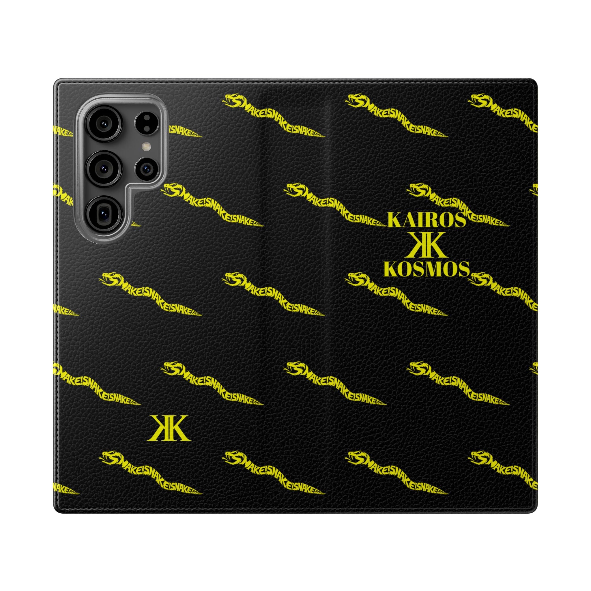 Aspis Collection Flip Case Phone Wallet — Black & Gold Kairos Kosmos Pattern