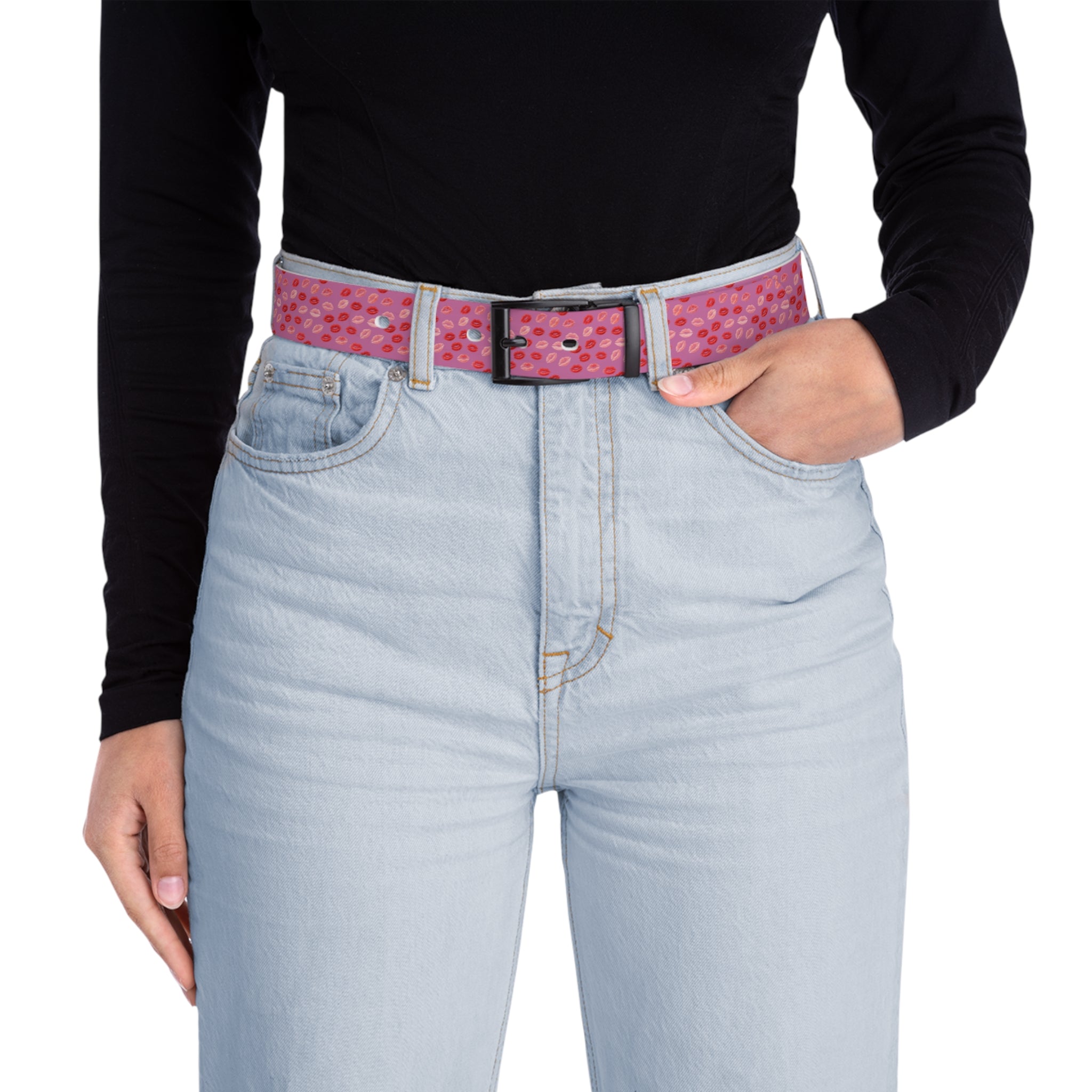 Psyche Collection Women's Light Pink, Pink And Red Lip Print Belt – Cute Kiss Pattern Fashion Belt