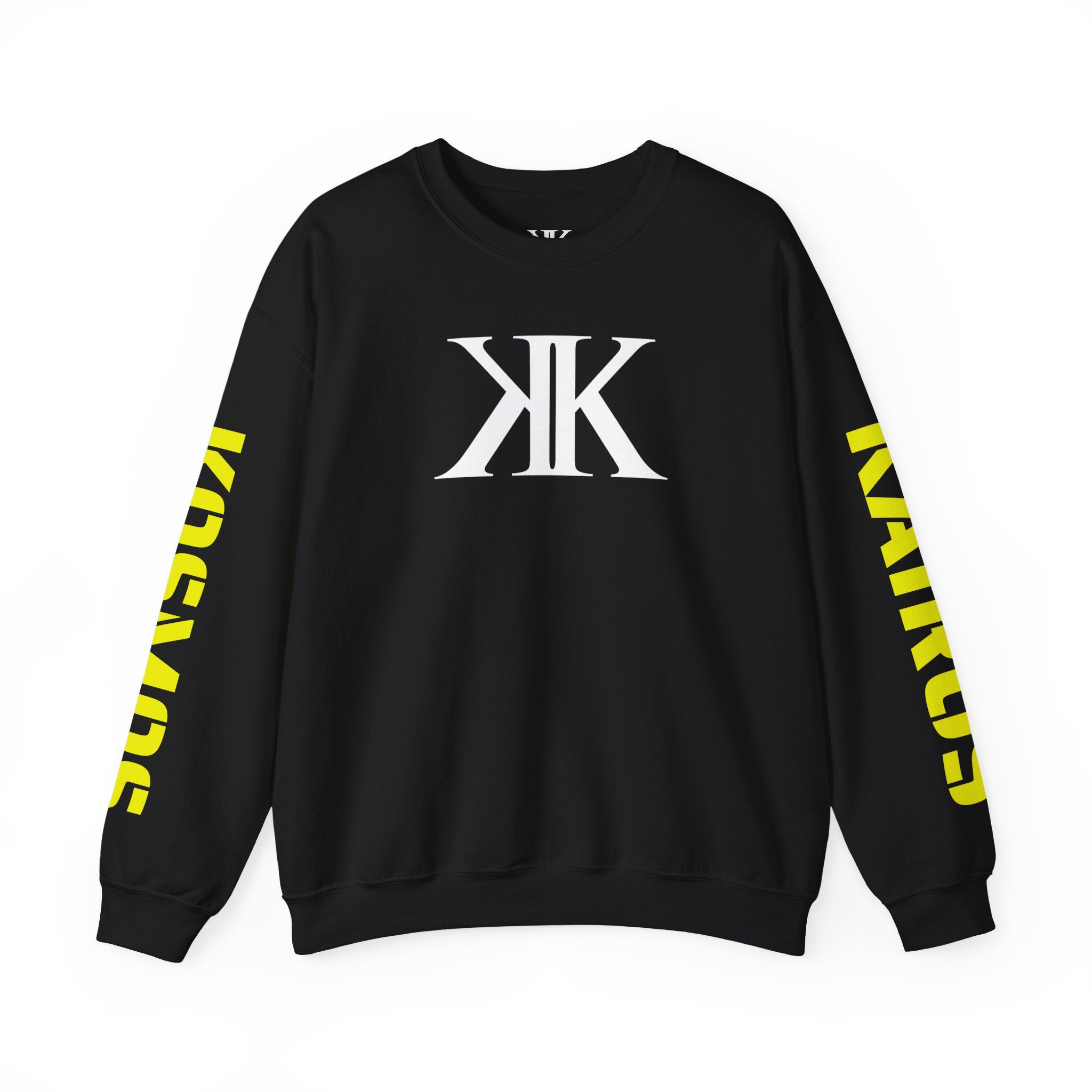 Crewneck Sweatshirt BLACK — Bold KK Logo with Sleeve Text (Kaurde / Kaurde)