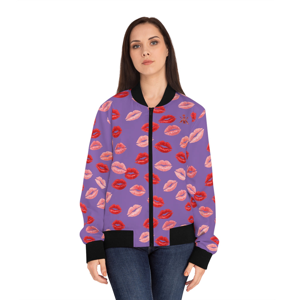 Psyche Collection Light Purple, Kiss Print Uni-Sex Bomber Jacket —  Lipstick Kisses Print