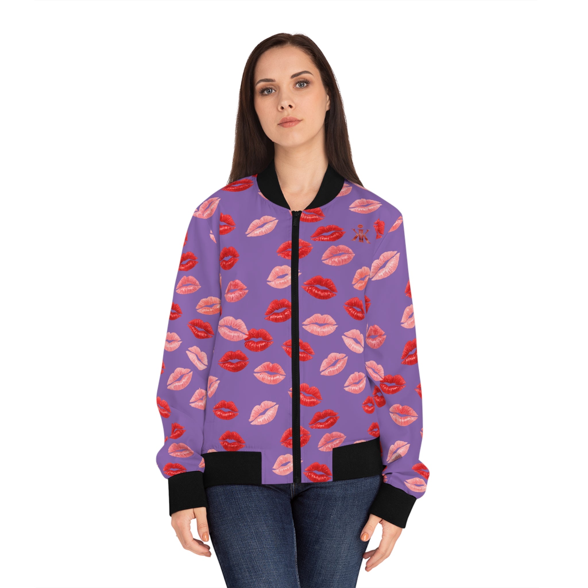 Psyche Collection Light Purple, Kiss Print Uni-Sex Bomber Jacket —  Lipstick Kisses Print